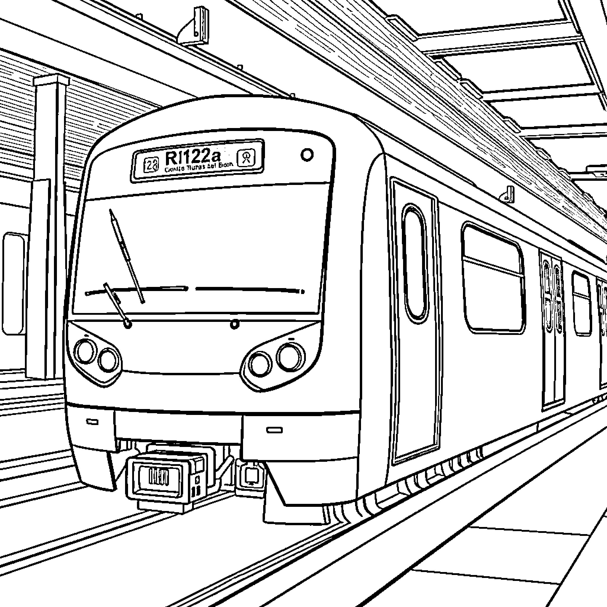 R142a Commuter Train Interior Scene Coloring Page (free black-and-white line drawing printable PDF for all, from beginners to advanced learners, including children, teens, adults, and seniors)
