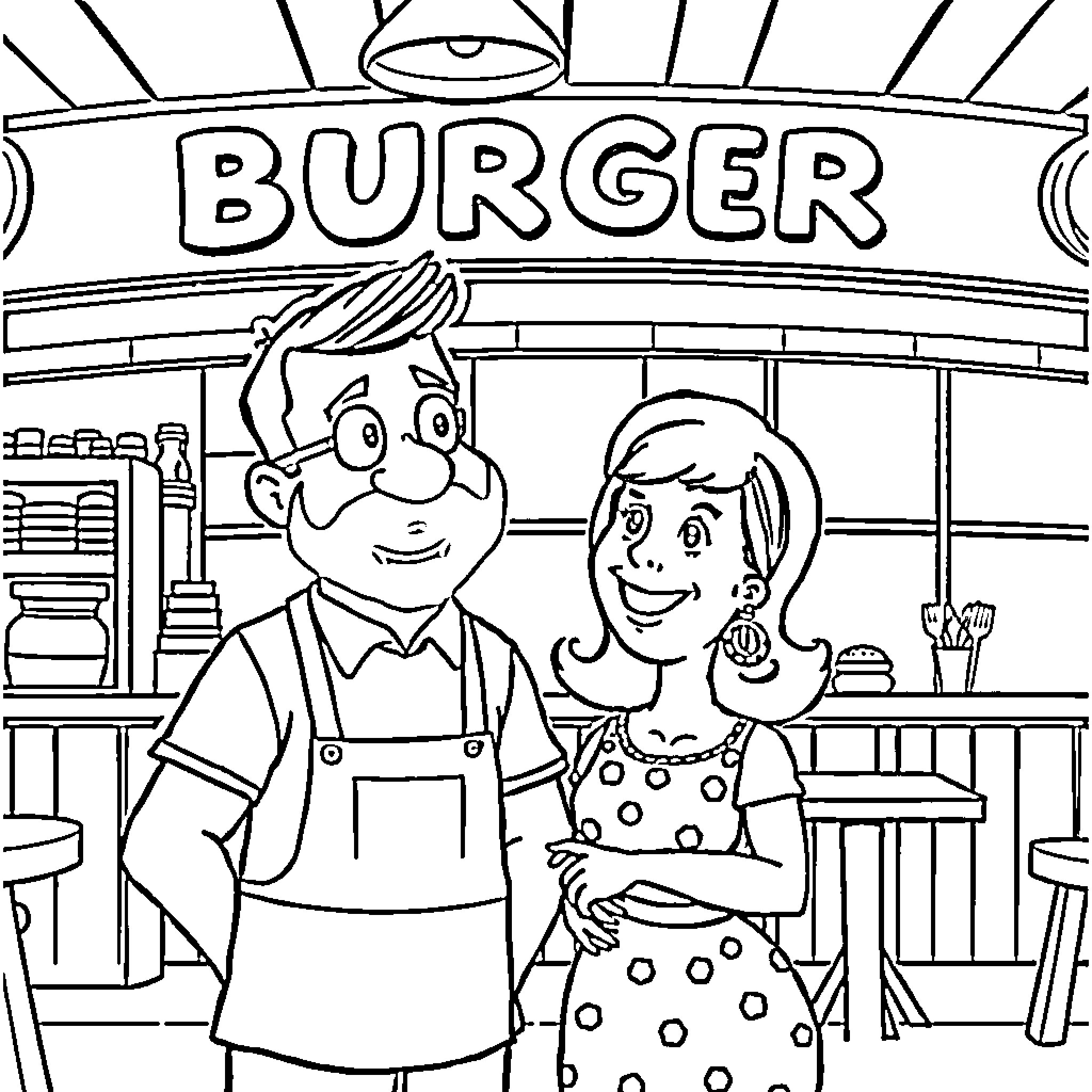Bob and Linda visit the local burger joint Coloring Page (free black-and-white line drawing printable PDF for all, from beginners to advanced learners, including children, teens, adults, and seniors)