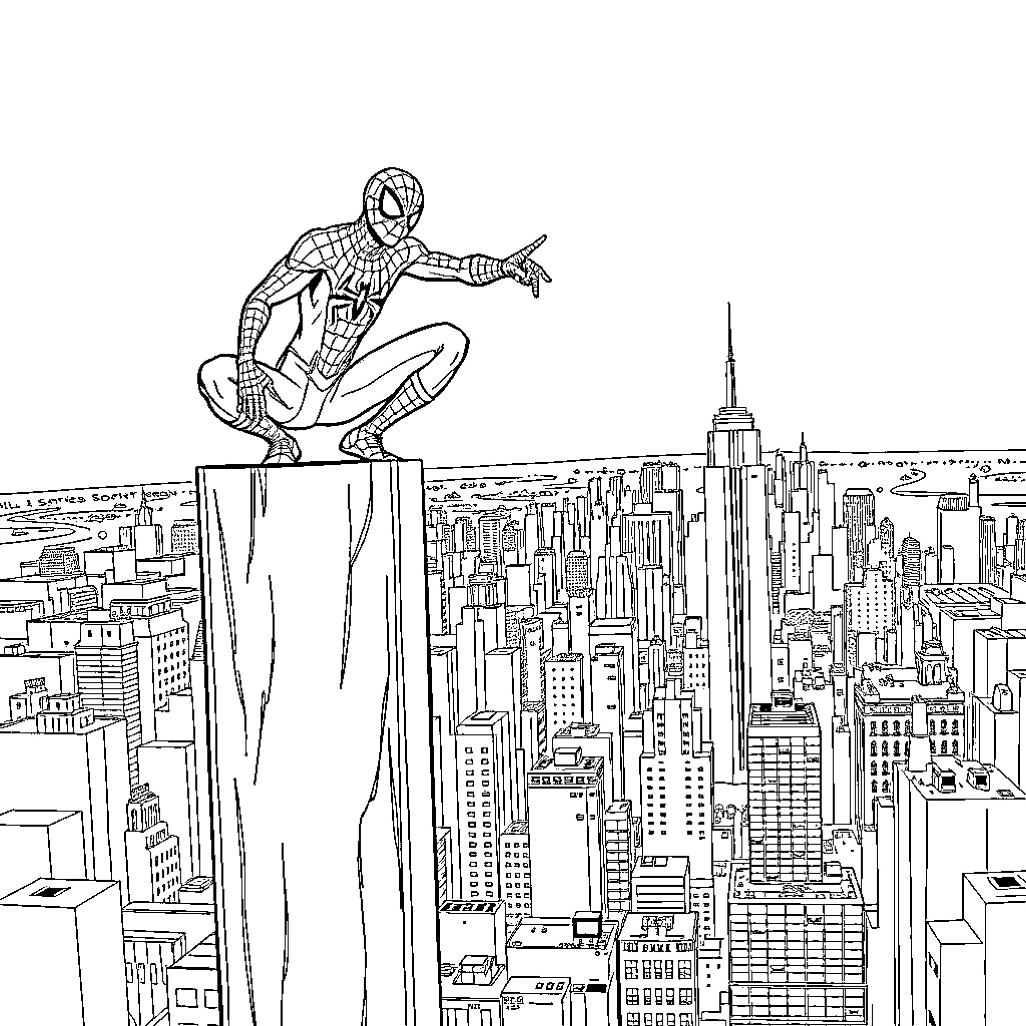 Spider-Man gazing over the city skyline Coloring Page (free black-and-white line drawing printable PDF for all, from beginners to advanced learners, including children, teens, adults, and seniors)