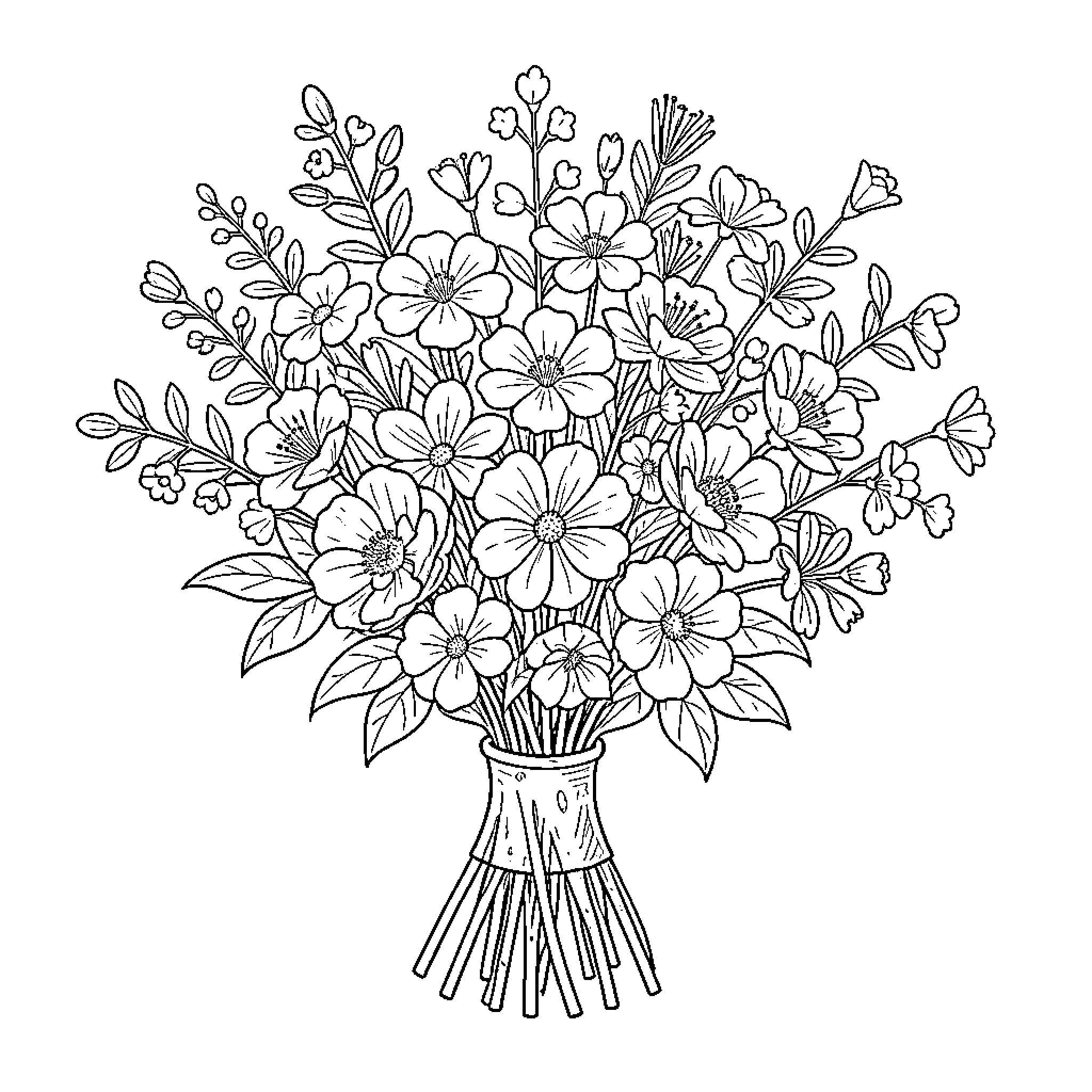 Flower bouquet gathered into a beautiful arrangement Coloring Page (free black-and-white line drawing printable PDF for all, from beginners to advanced learners, including children, teens, adults, and seniors)