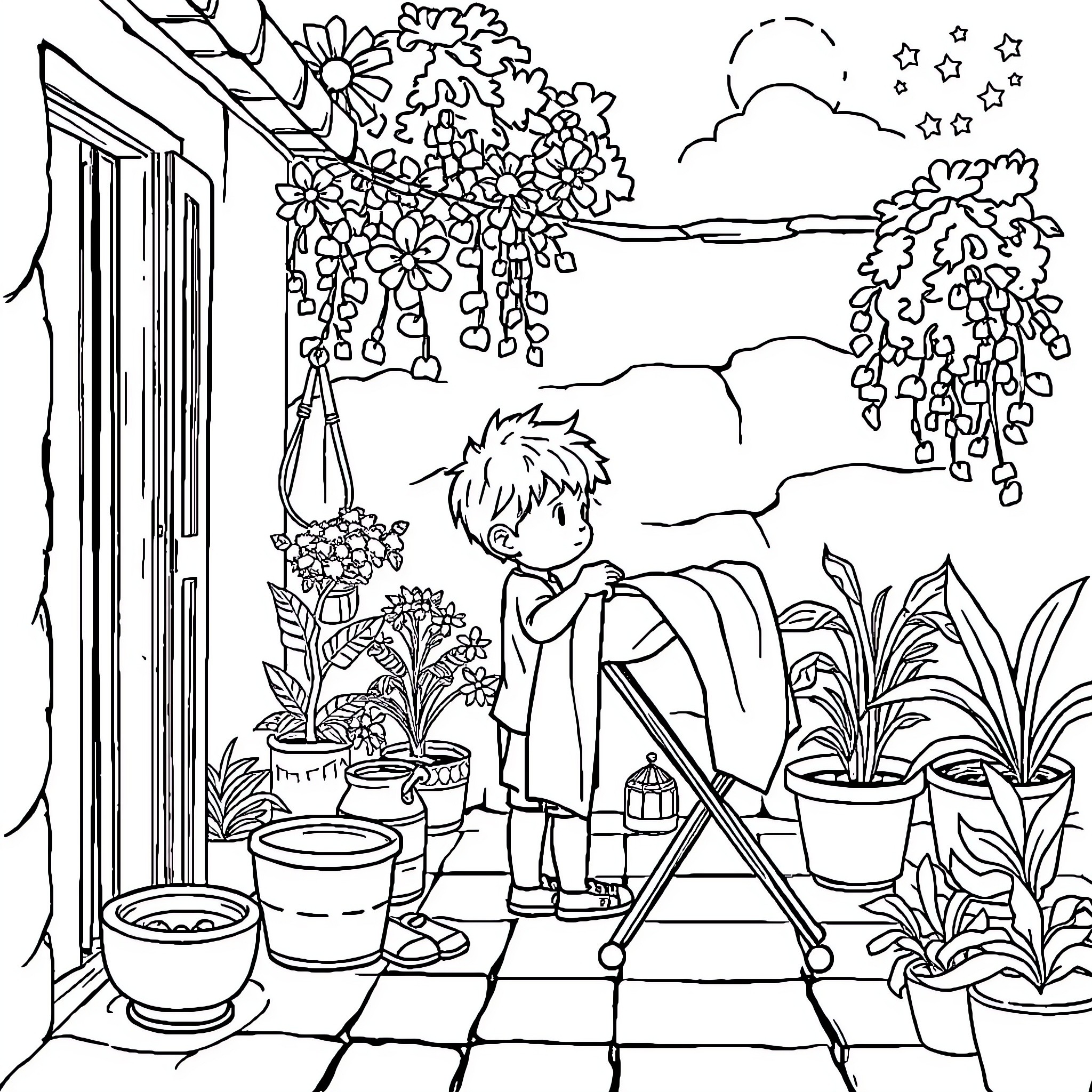 Child creating art outdoors with plants and nature Coloring Page (free black-and-white line drawing printable PDF for all, from beginners to advanced learners, including children, teens, adults, and seniors)