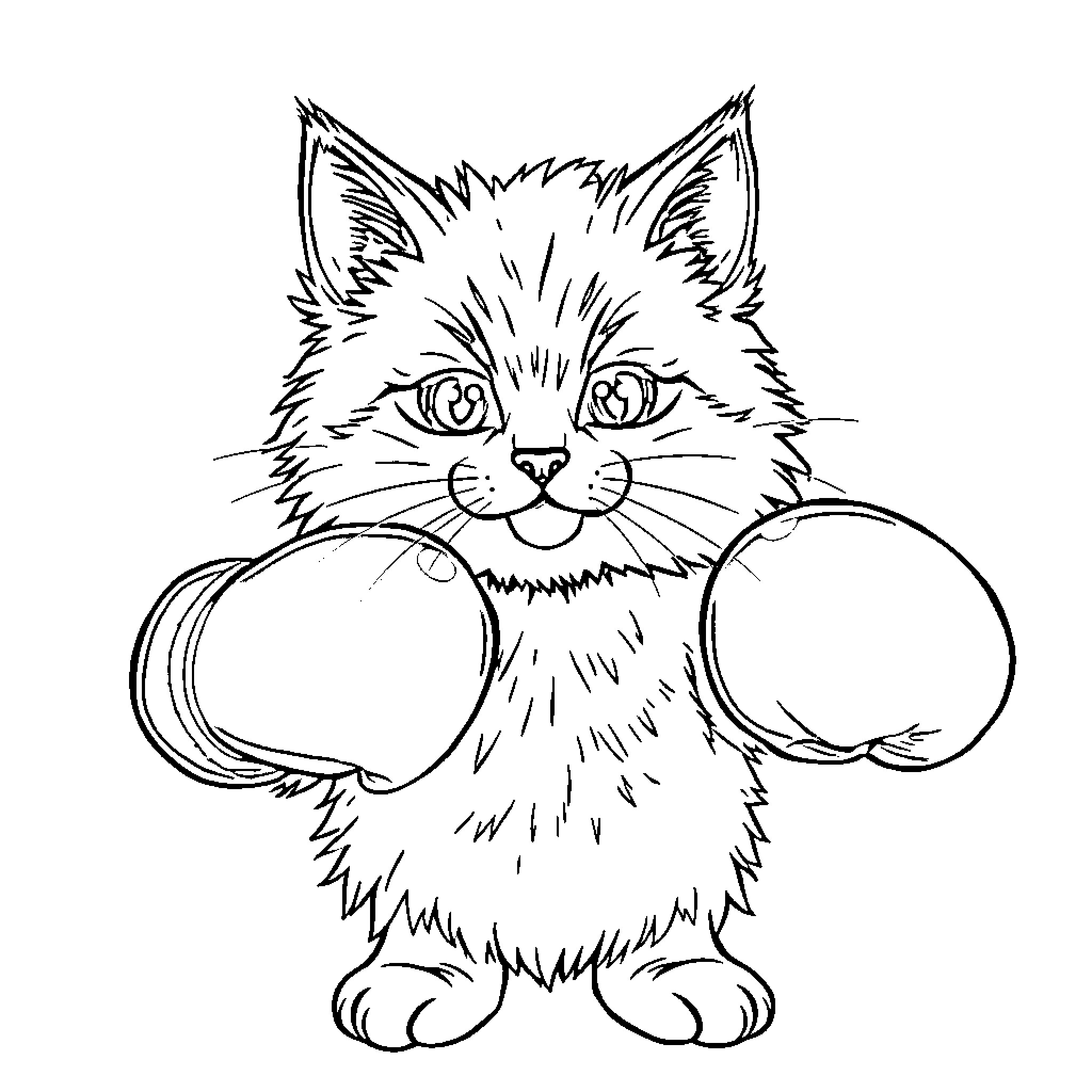 Cat wearing boxing gloves Coloring Page (free black-and-white line drawing printable PDF for all, from beginners to advanced learners, including children, teens, adults, and seniors)