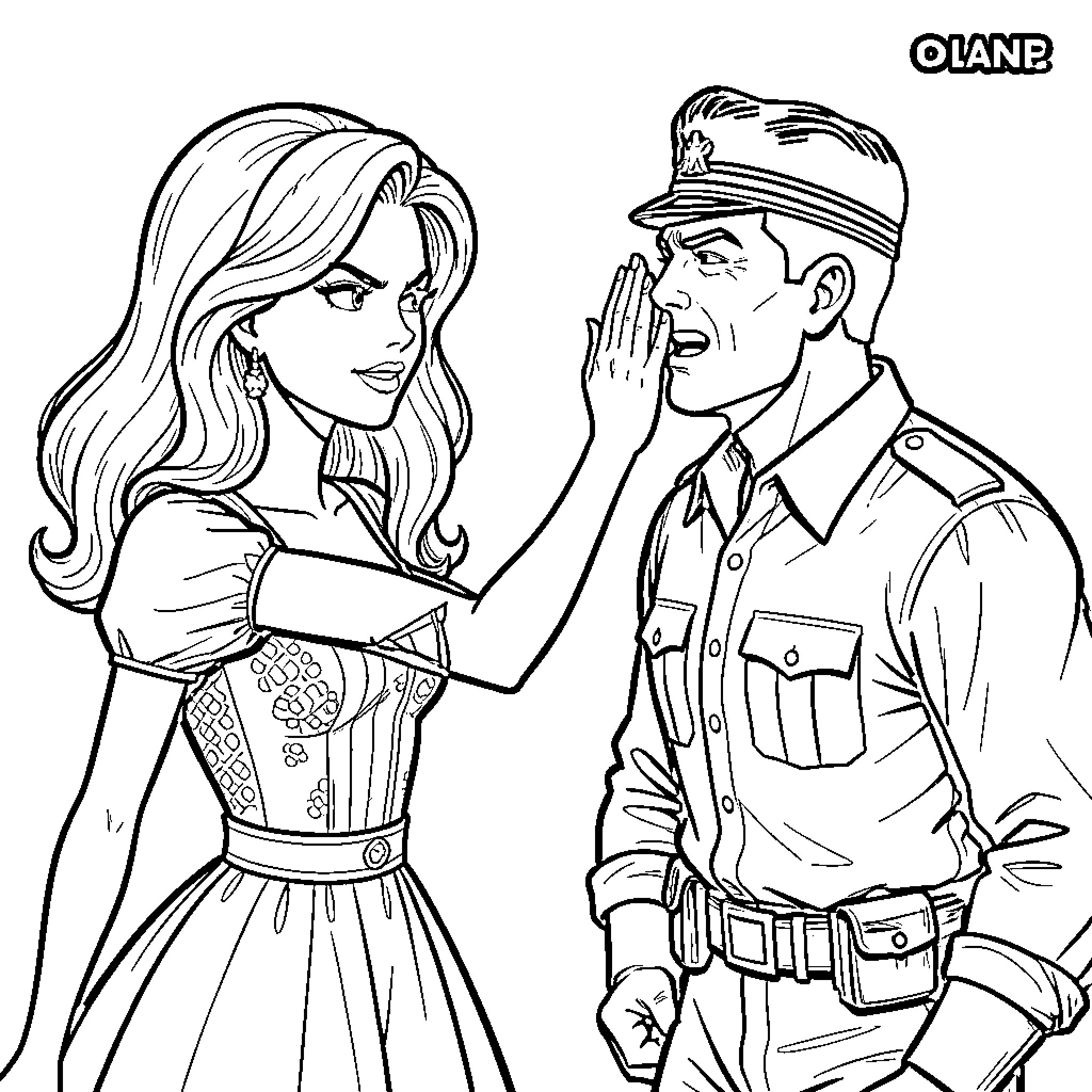 Barbie speaks earnestly to military officer Coloring Page (free black-and-white line drawing printable PDF for all, from beginners to advanced learners, including children, teens, adults, and seniors)