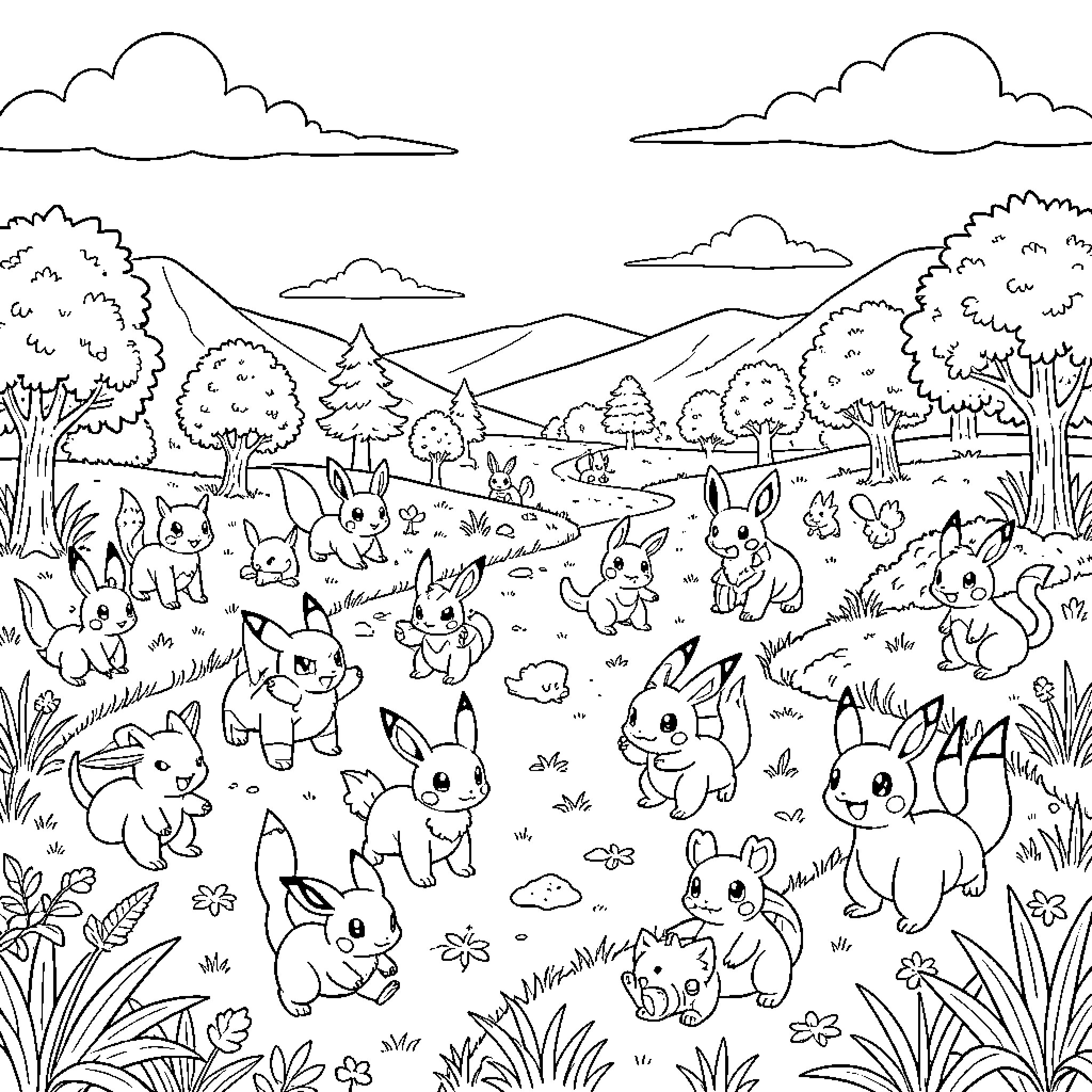 Pokémon playing and frolicking in a grassy meadow Coloring Page (free black-and-white line drawing printable PDF for all, from beginners to advanced learners, including children, teens, adults, and seniors)