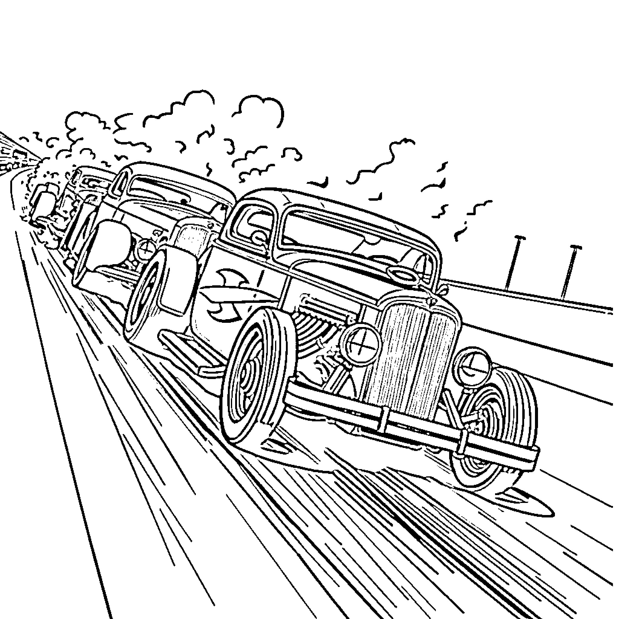 Hotrod racing down the road at high speed Coloring Page (free black-and-white line drawing printable PDF for all, from beginners to advanced learners, including children, teens, adults, and seniors)