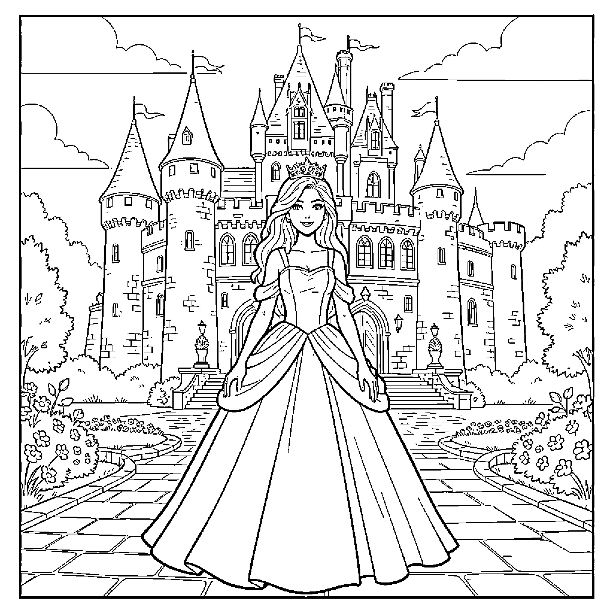 Princess standing gracefully in front of a grand castle Coloring Page (free black-and-white line drawing printable PDF for all, from beginners to advanced learners, including children, teens, adults, and seniors)