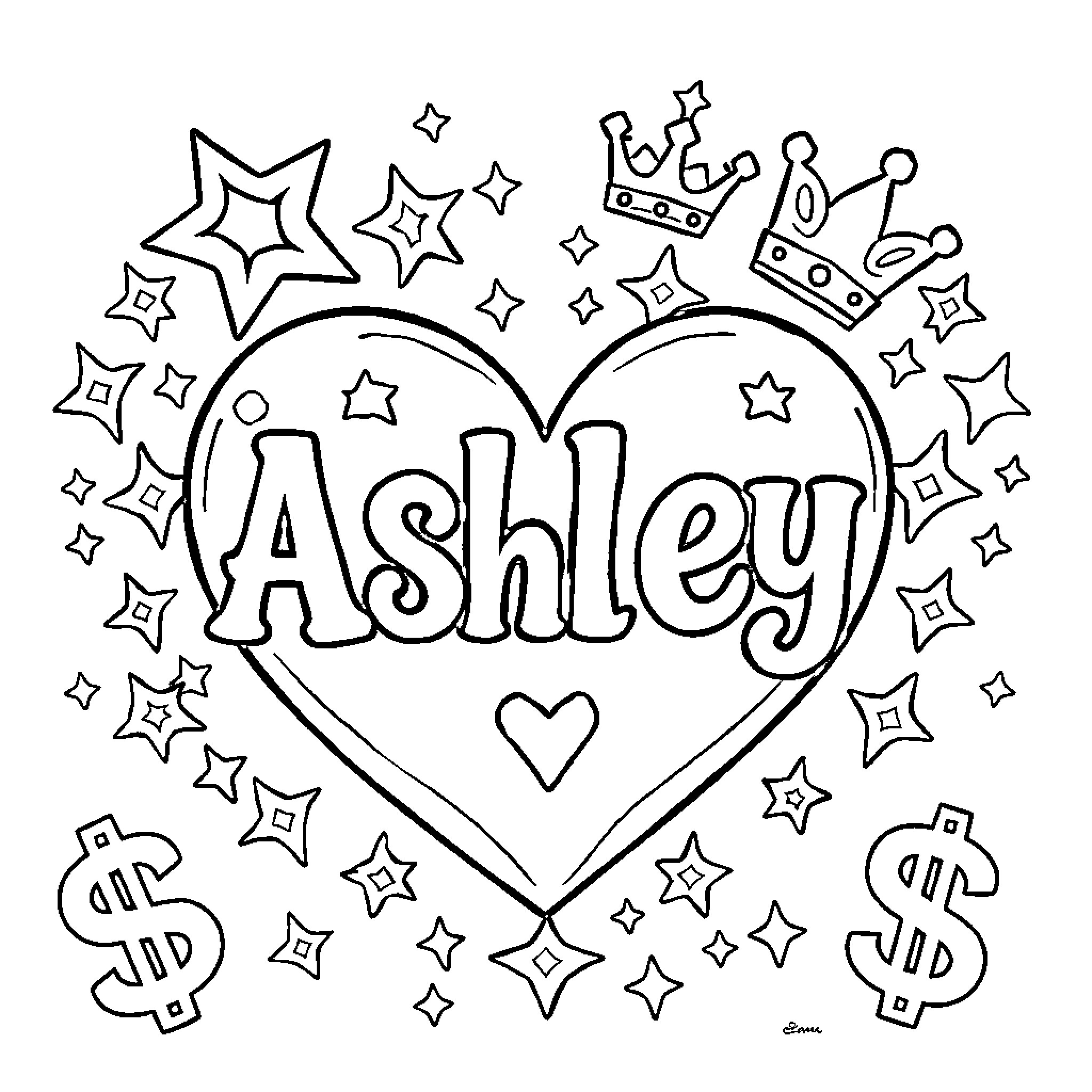 Heart with Ashley's name and star-filled expressions Coloring Page (free black-and-white line drawing printable PDF for all, from beginners to advanced learners, including children, teens, adults, and seniors)