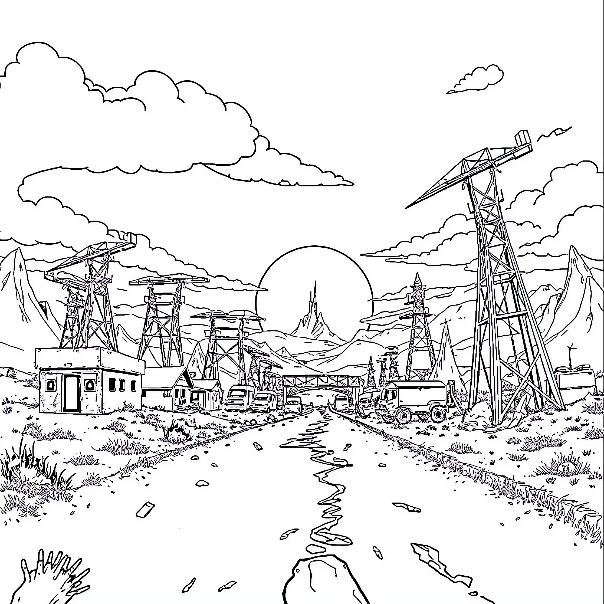 Fallout: Desolate Wasteland Landscape with Ruins and Machinery Coloring Page (free black-and-white line drawing printable PDF for all, from beginners to advanced learners, including children, teens, adults, and seniors)