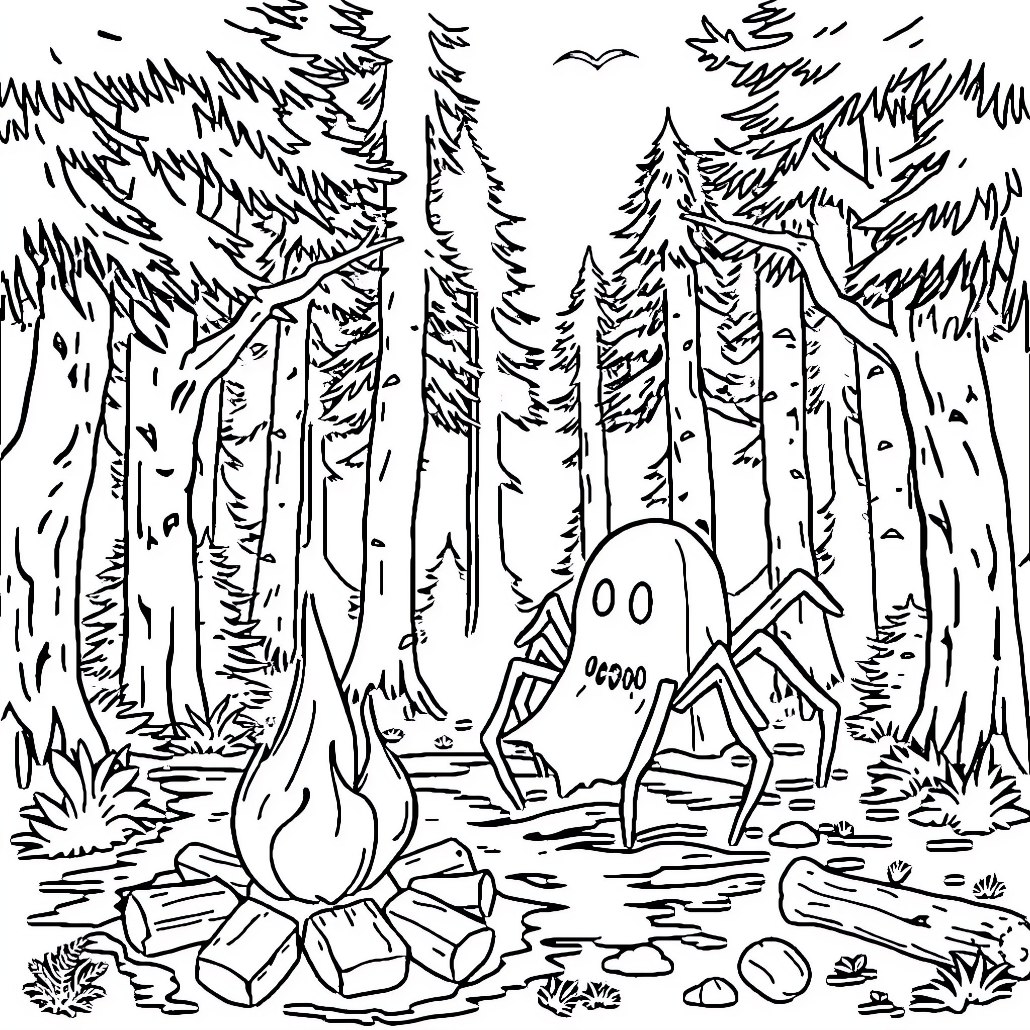 Ghost Spider exploring the enchanted forest Coloring Page (free black-and-white line drawing printable PDF for all, from beginners to advanced learners, including children, teens, adults, and seniors)