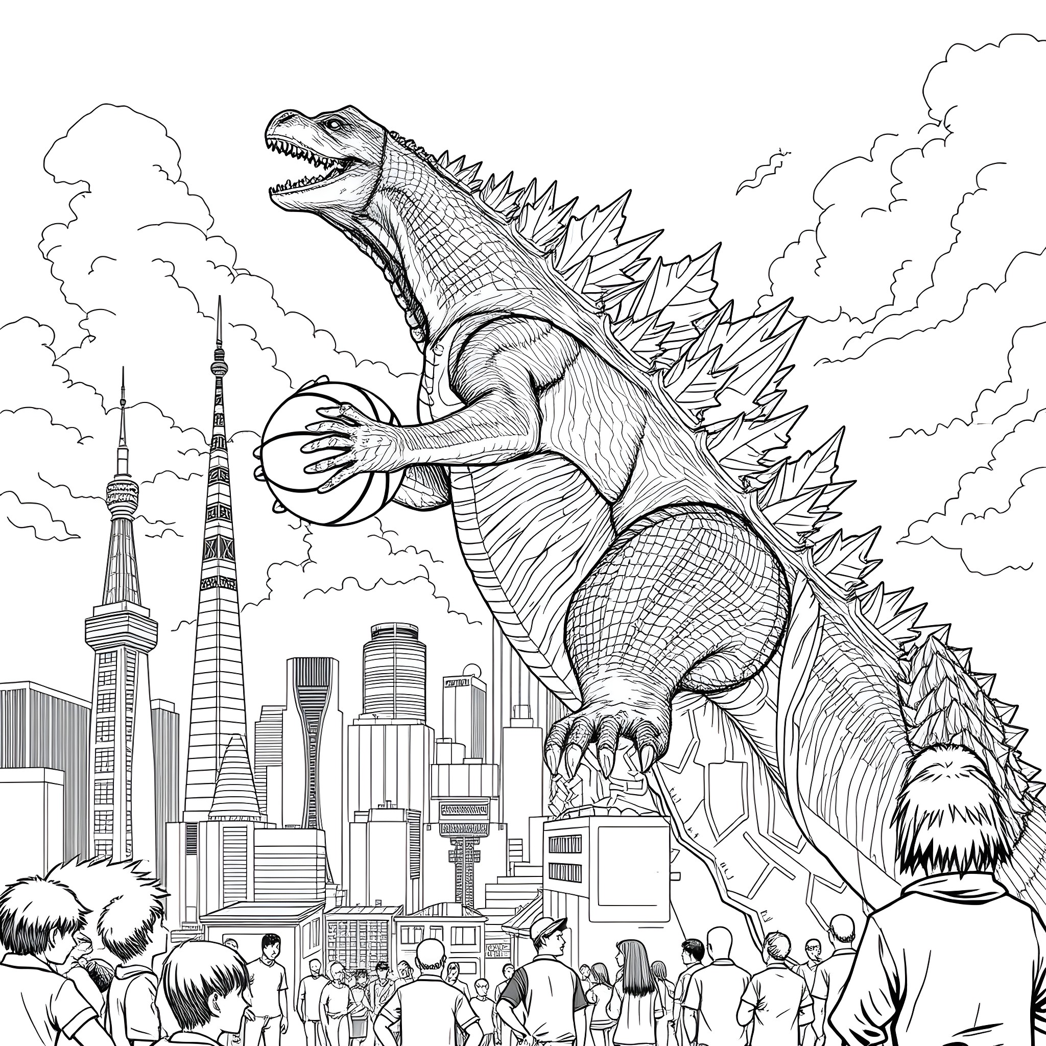 Godzilla Rampaging Through the City Coloring Page (free black-and-white line drawing printable PDF for all, from beginners to advanced learners, including children, teens, adults, and seniors)