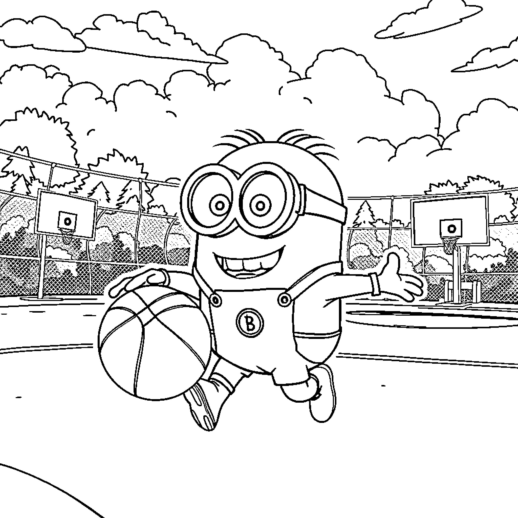 Minion playing basketball on the court Coloring Page (free black-and-white line drawing printable PDF for all, from beginners to advanced learners, including children, teens, adults, and seniors)