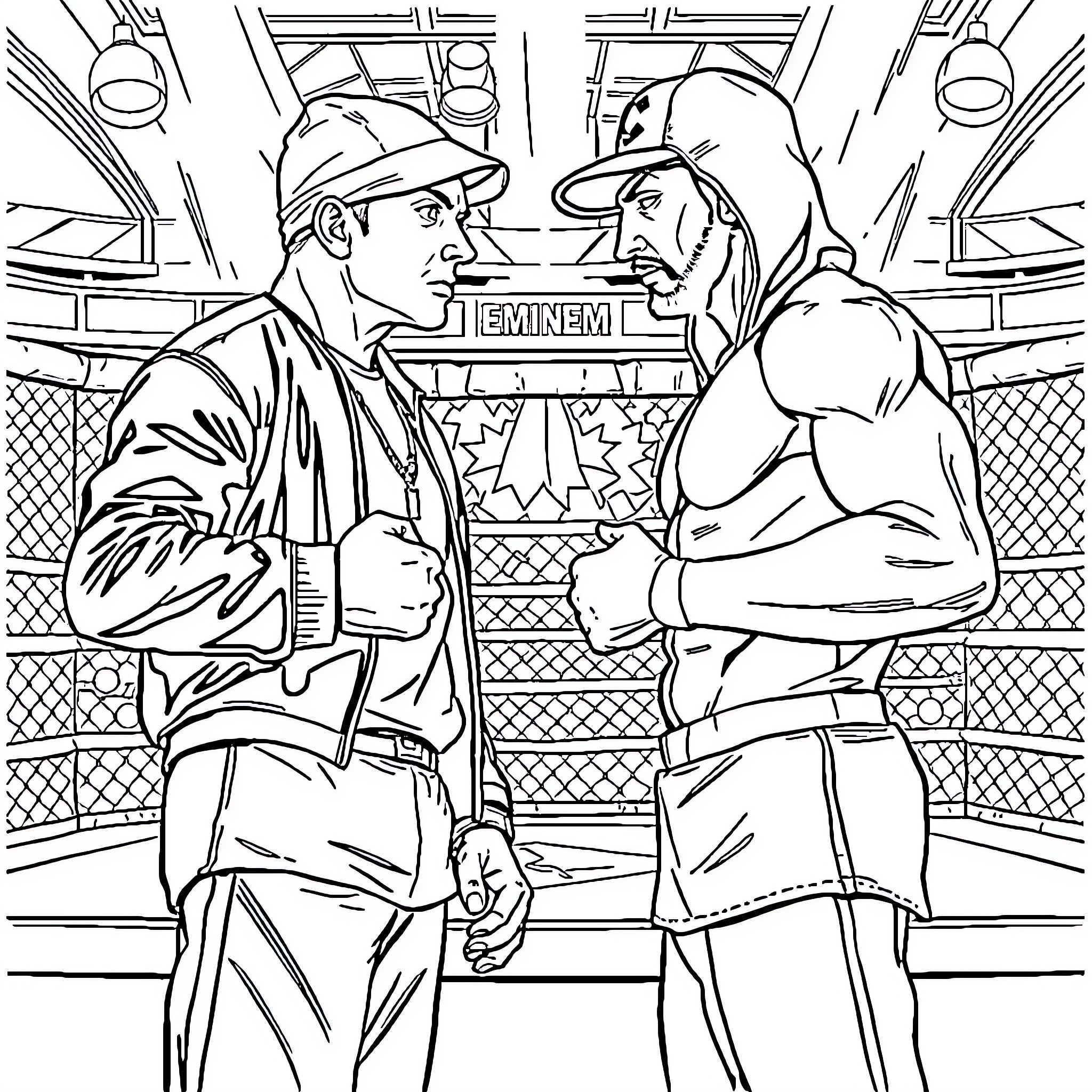 Eminem facing off in an intense confrontation Coloring Page (free black-and-white line drawing printable PDF for all, from beginners to advanced learners, including children, teens, adults, and seniors)