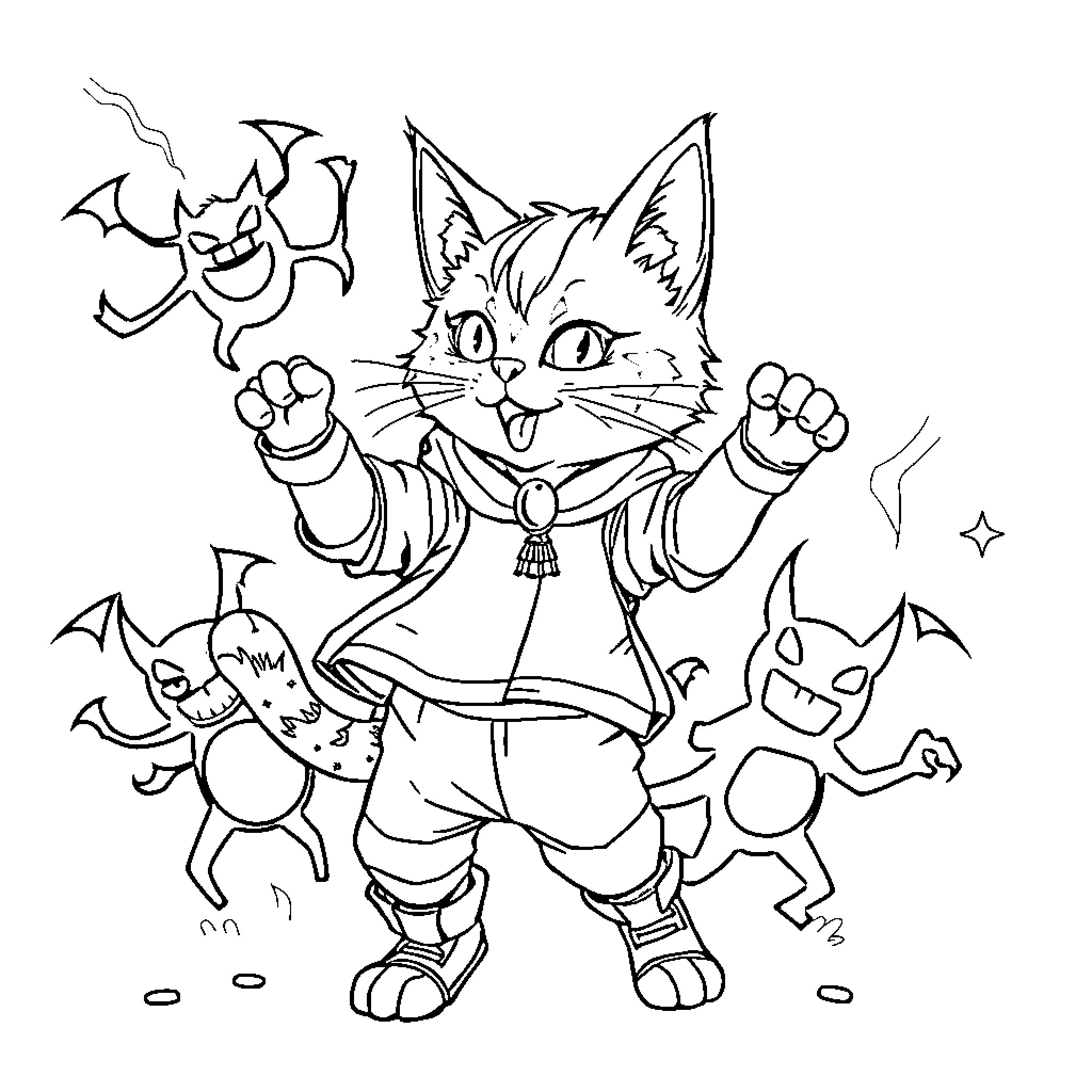 Tabby Cat with Mischievous Companions Coloring Page (free black-and-white line drawing printable PDF for all, from beginners to advanced learners, including children, teens, adults, and seniors)