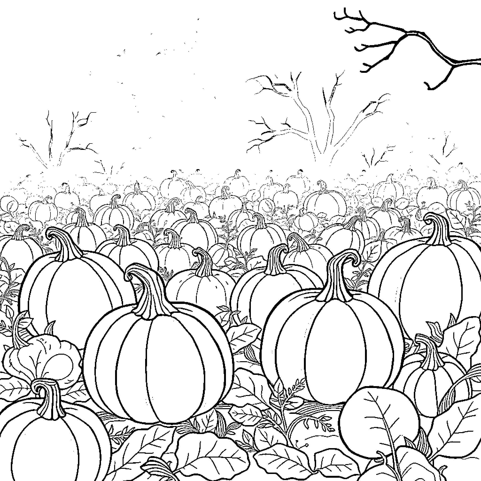 Pumpkin patch with many pumpkins in the field Coloring Page (free black-and-white line drawing printable PDF for all, from beginners to advanced learners, including children, teens, adults, and seniors)