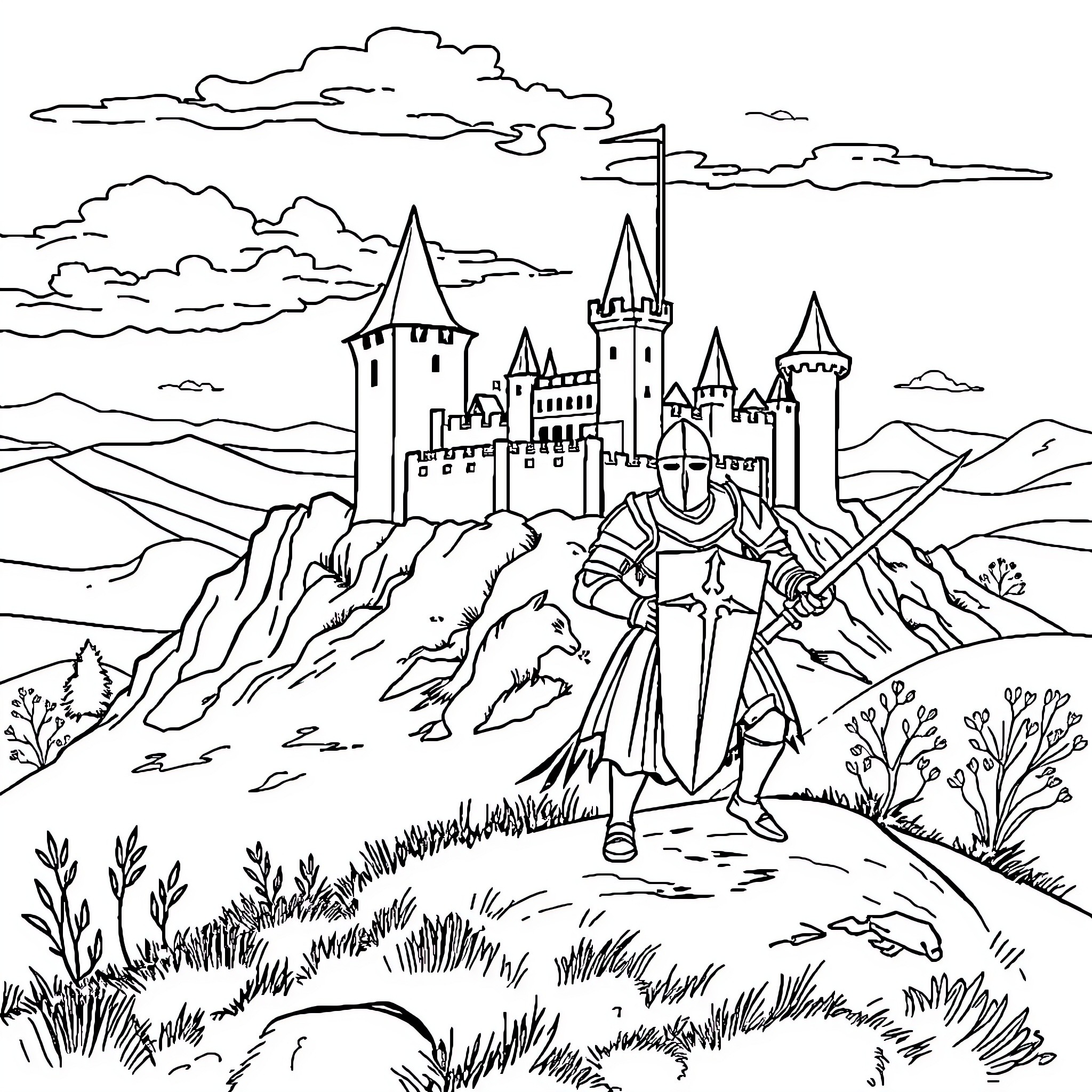 Medieval Knight Guarding Majestic Castle Fortress Coloring Page (free black-and-white line drawing printable PDF for all, from beginners to advanced learners, including children, teens, adults, and seniors)