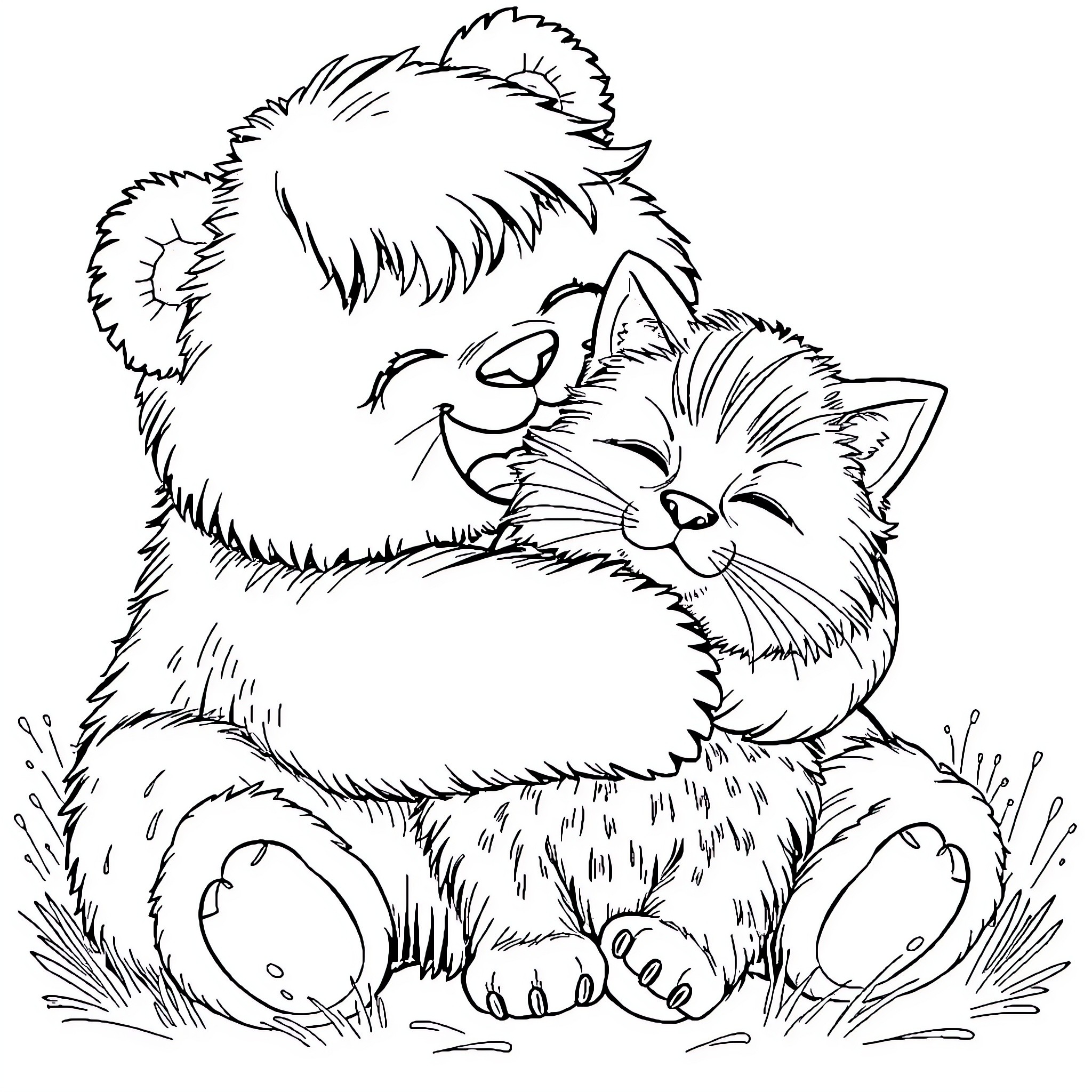 Child cuddling with cute furry animal Coloring Page (free black-and-white line drawing printable PDF for all, from beginners to advanced learners, including children, teens, adults, and seniors)
