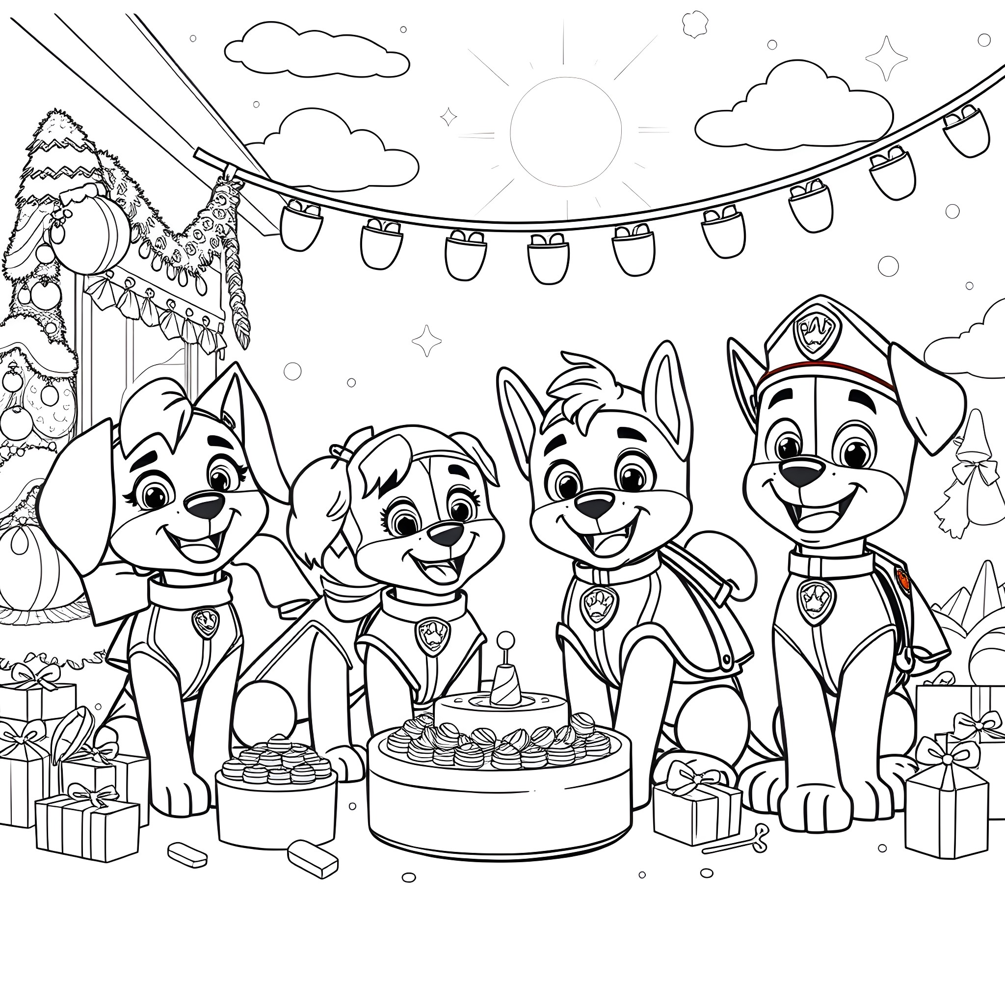 Paw Patrol Puppies Celebrate with Cake and Presents Coloring Page (free black-and-white line drawing printable PDF for all, from beginners to advanced learners, including children, teens, adults, and seniors)