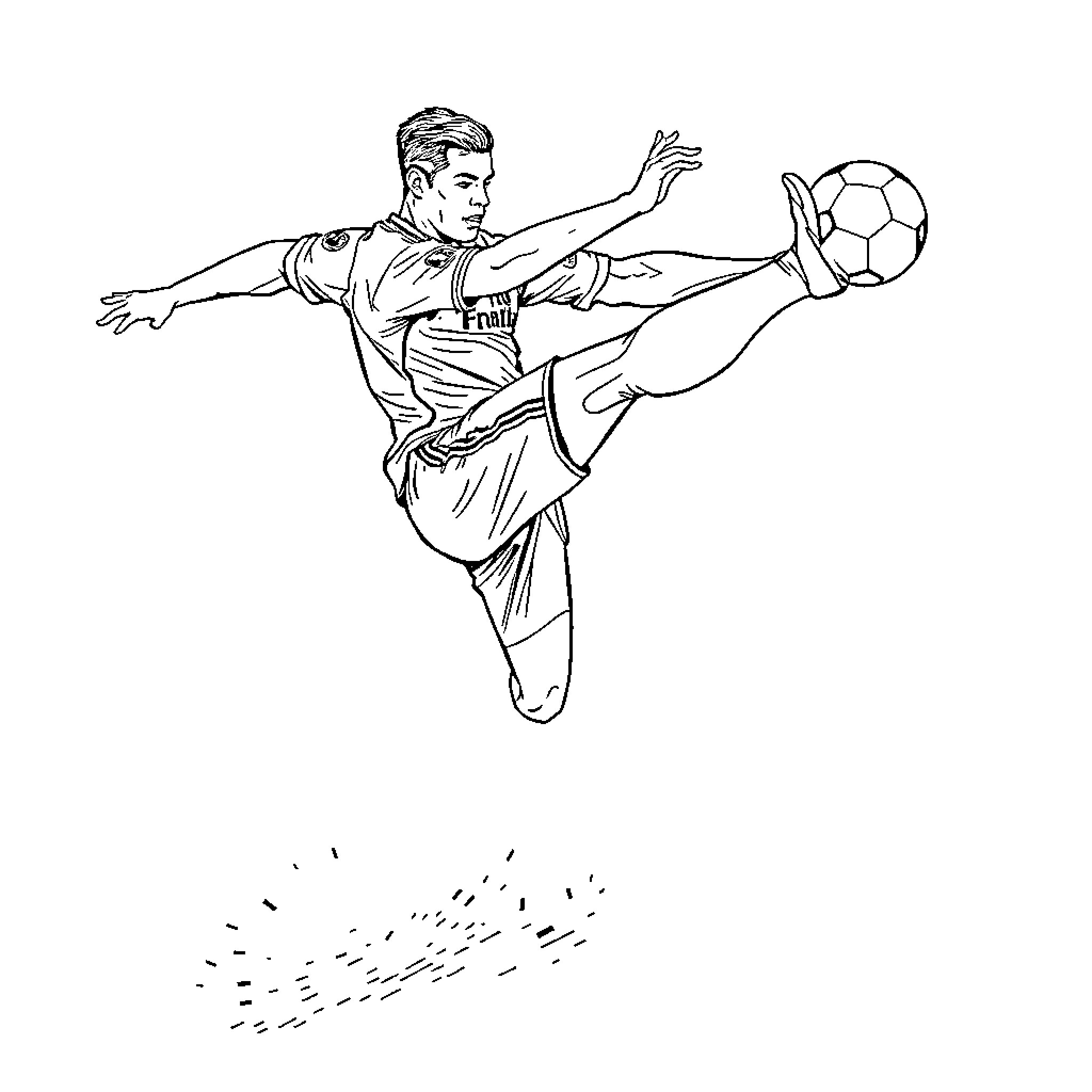 Ronaldo's Impressive Soccer Skills Coloring Page (free black-and-white line drawing printable PDF for all, from beginners to advanced learners, including children, teens, adults, and seniors)