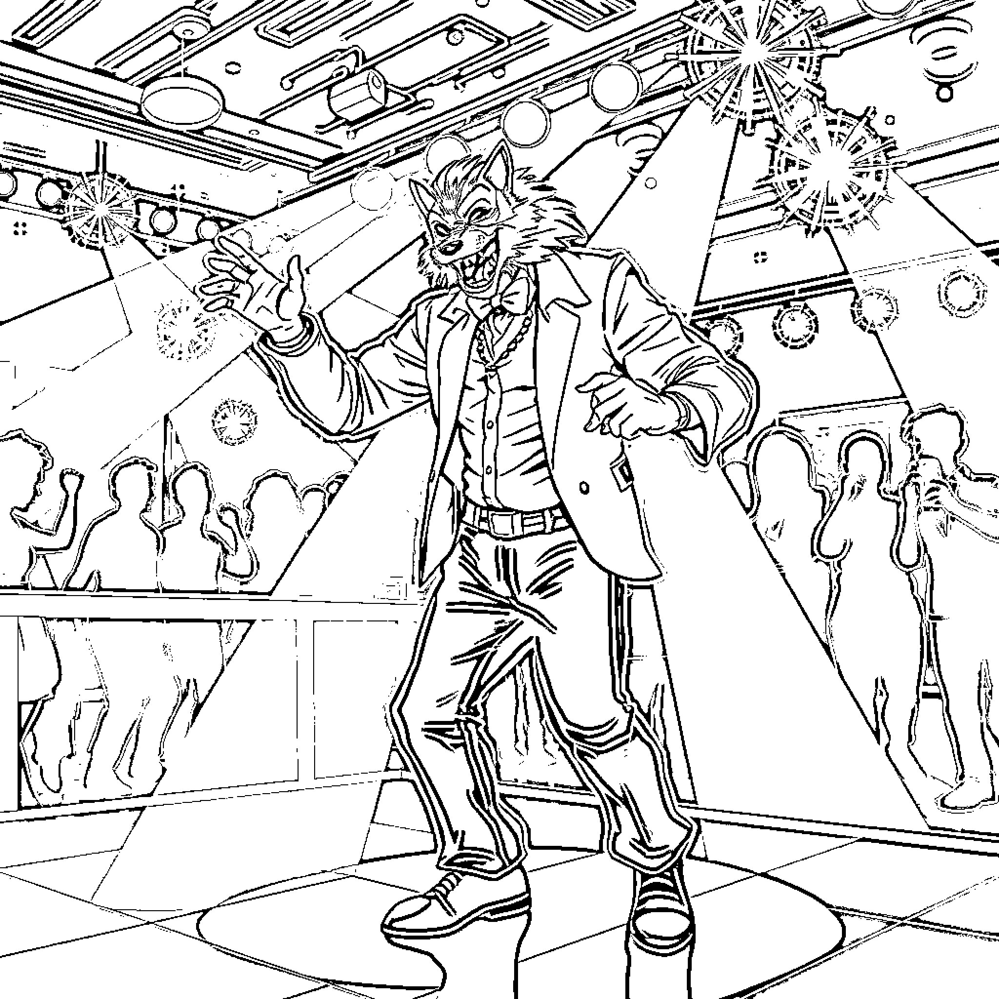 Hombre Lobo celebrates in a fantastical environment Coloring Page (free black-and-white line drawing printable PDF for all, from beginners to advanced learners, including children, teens, adults, and seniors)
