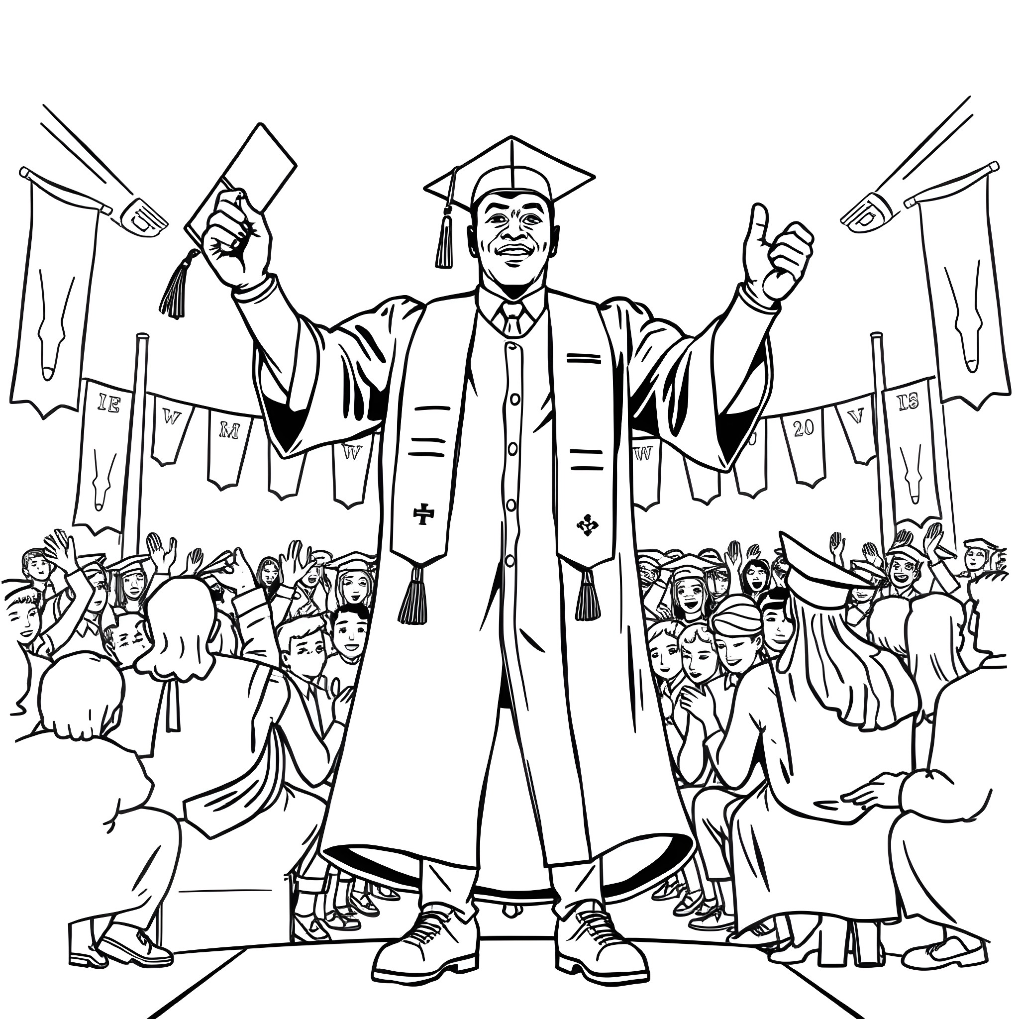 Mike Tyson celebrating his graduation with joy and enthusiasm Coloring Page (free black-and-white line drawing printable PDF for all, from beginners to advanced learners, including children, teens, adults, and seniors)