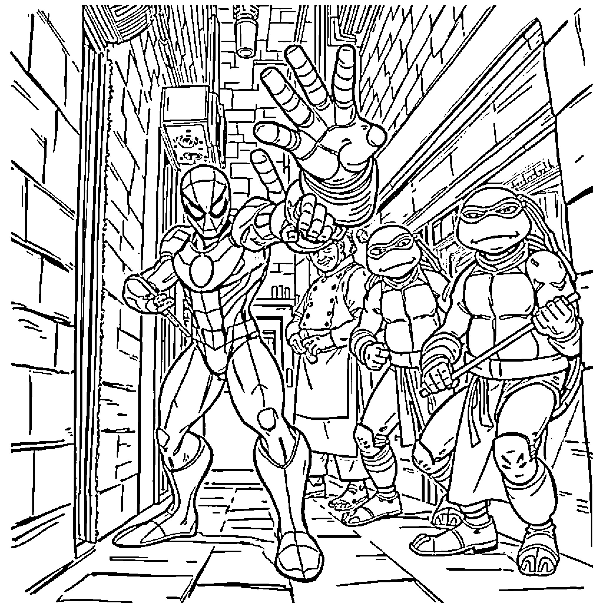 Superhero Characters Battling in City Alley Coloring Page (free black-and-white line drawing printable PDF for all, from beginners to advanced learners, including children, teens, adults, and seniors)