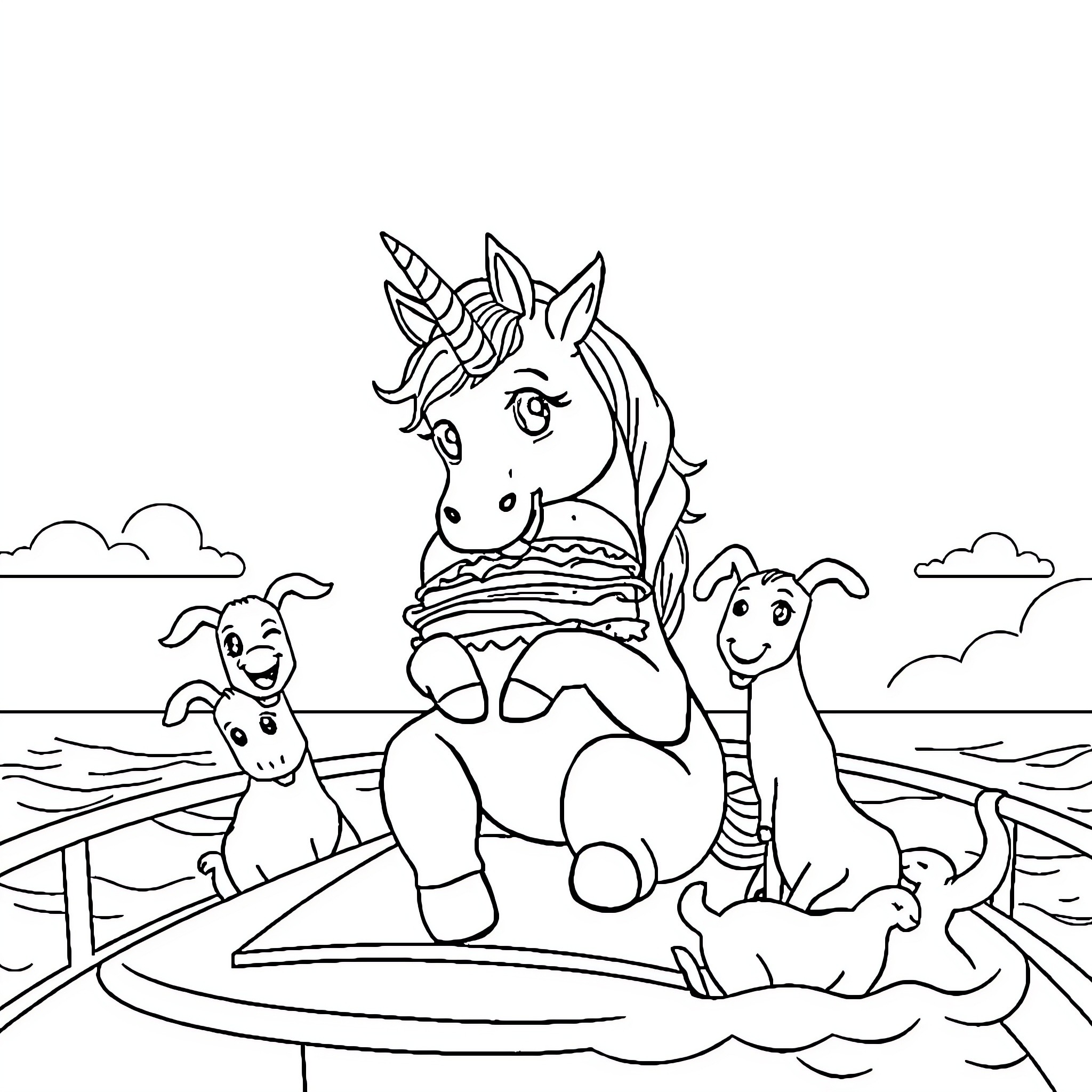 Unicorn relaxing with friends on a summer day Coloring Page (free black-and-white line drawing printable PDF for all, from beginners to advanced learners, including children, teens, adults, and seniors)