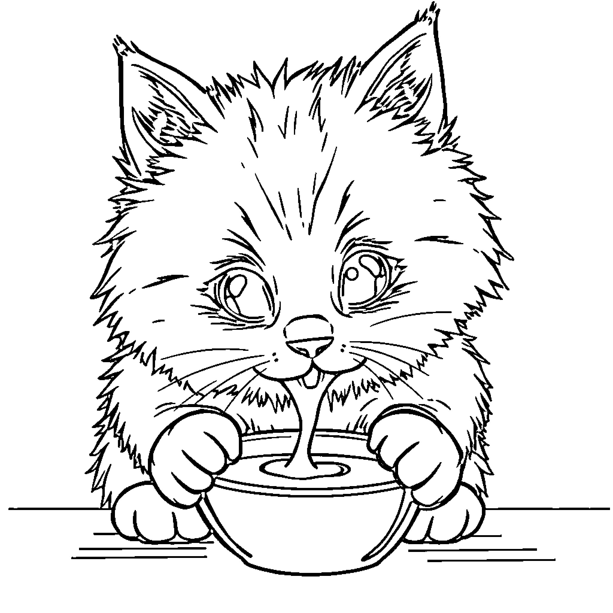 Cat eagerly enjoying a tasty treat Coloring Page (free black-and-white line drawing printable PDF for all, from beginners to advanced learners, including children, teens, adults, and seniors)