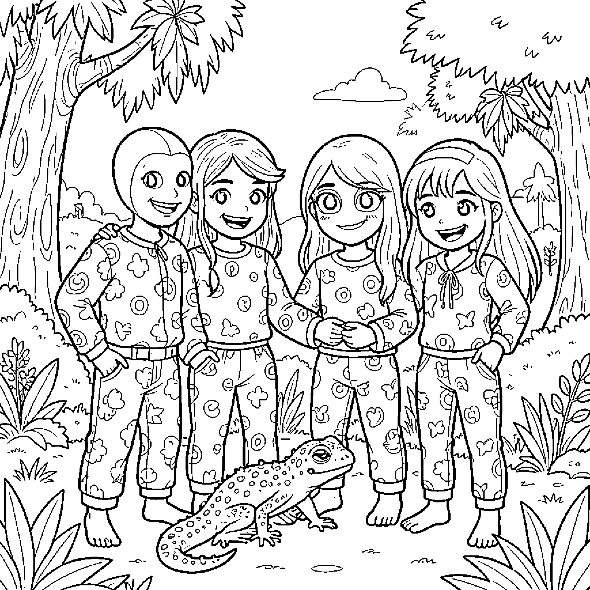 Pyjamas worn by children posing with a large lizard Coloring Page (free black-and-white line drawing printable PDF for all, from beginners to advanced learners, including children, teens, adults, and seniors)