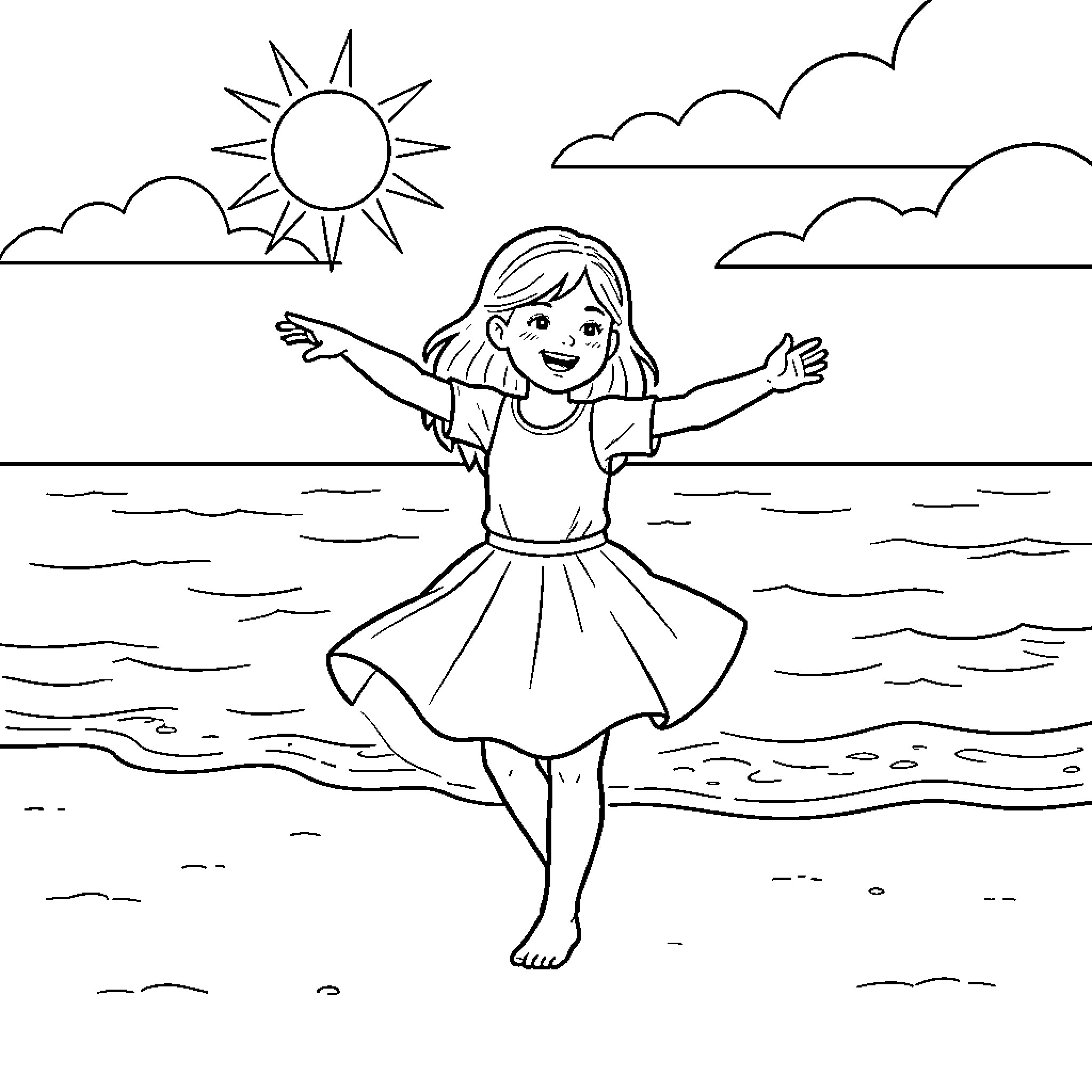 Daughter enjoying a sunny day at the beach Coloring Page (free black-and-white line drawing printable PDF for all, from beginners to advanced learners, including children, teens, adults, and seniors)