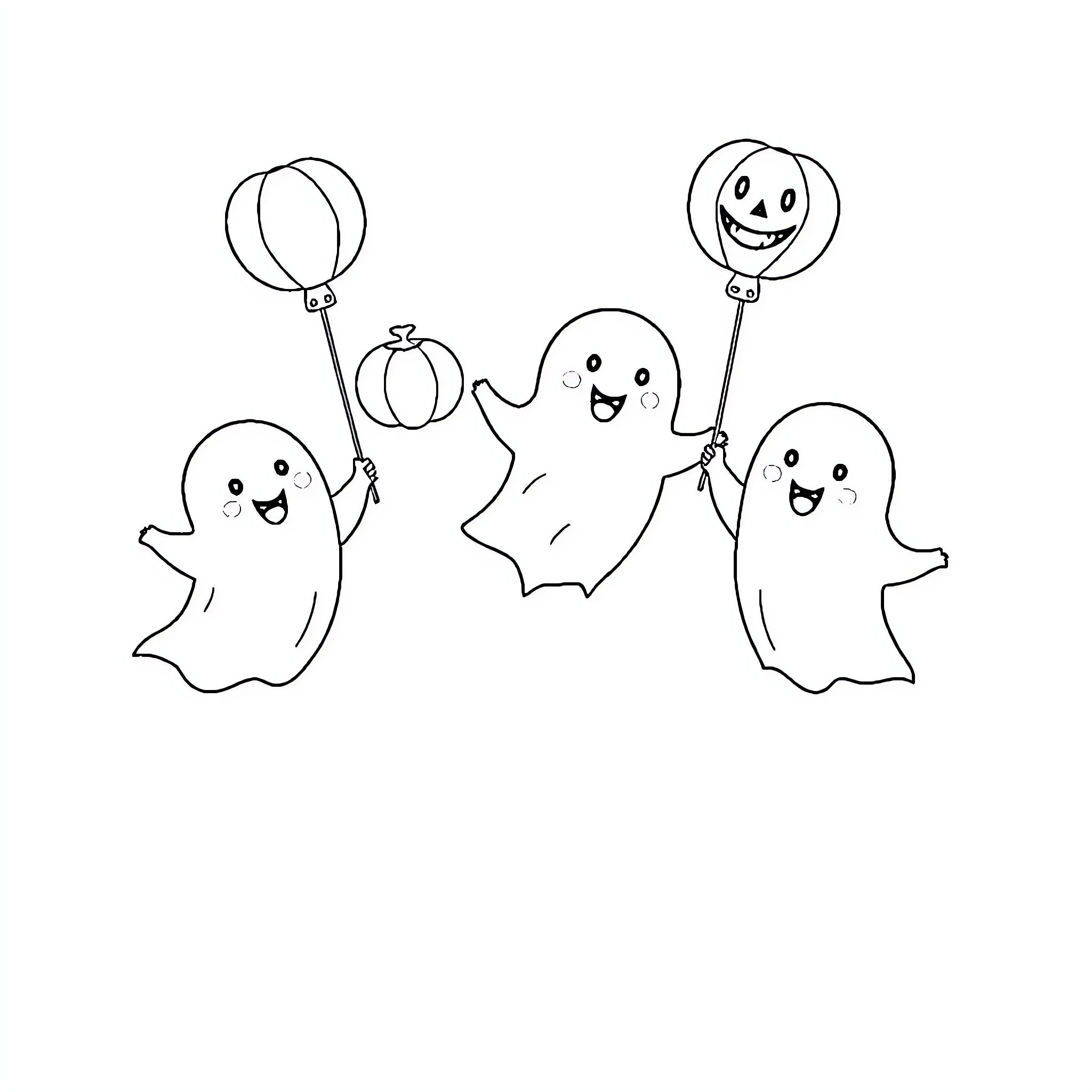 Ghost friends celebrating with festive balloons Coloring Page (free black-and-white line drawing printable PDF for all, from beginners to advanced learners, including children, teens, adults, and seniors)