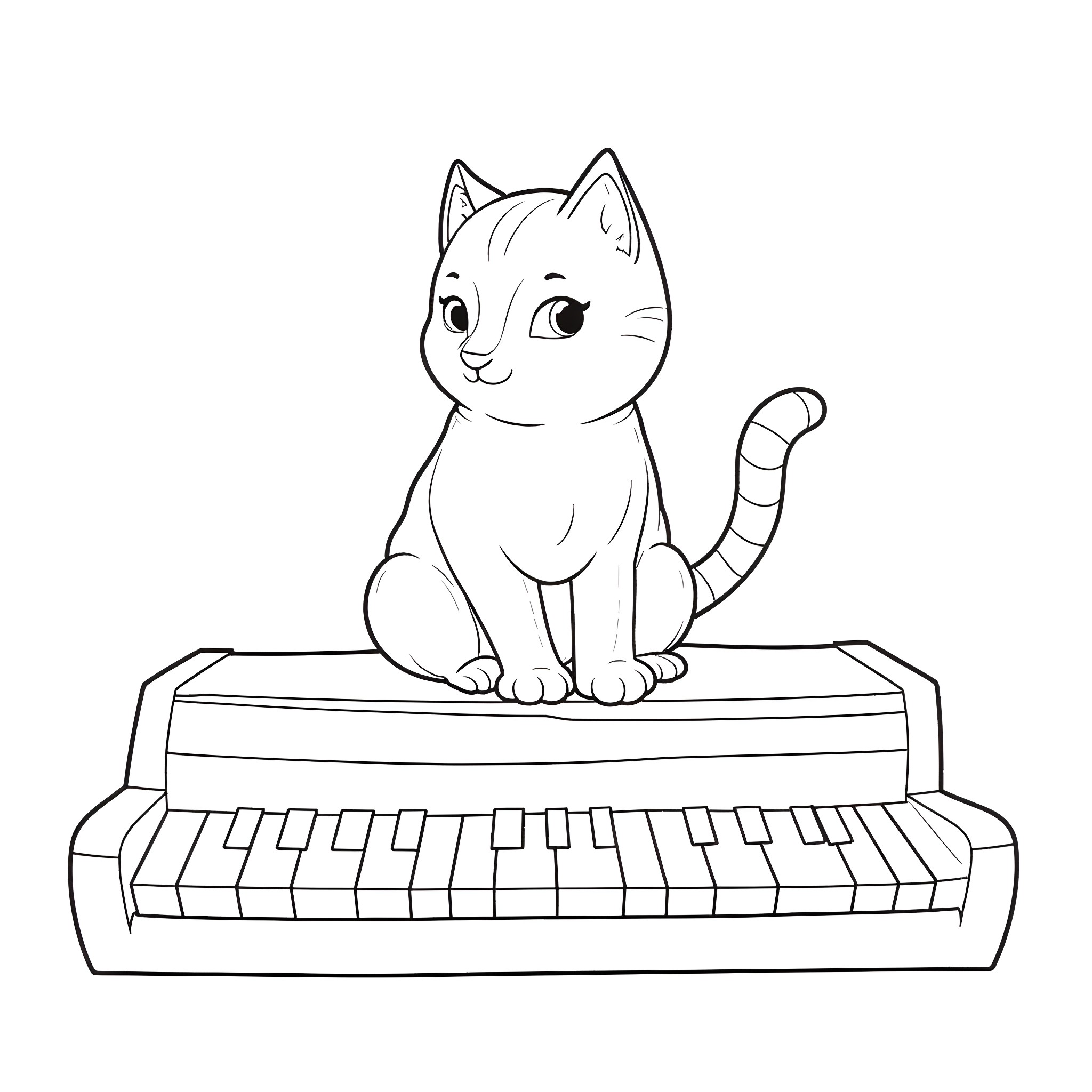 Cat sitting on a piano Coloring Page (free black-and-white line drawing printable PDF for all, from beginners to advanced learners, including children, teens, adults, and seniors)
