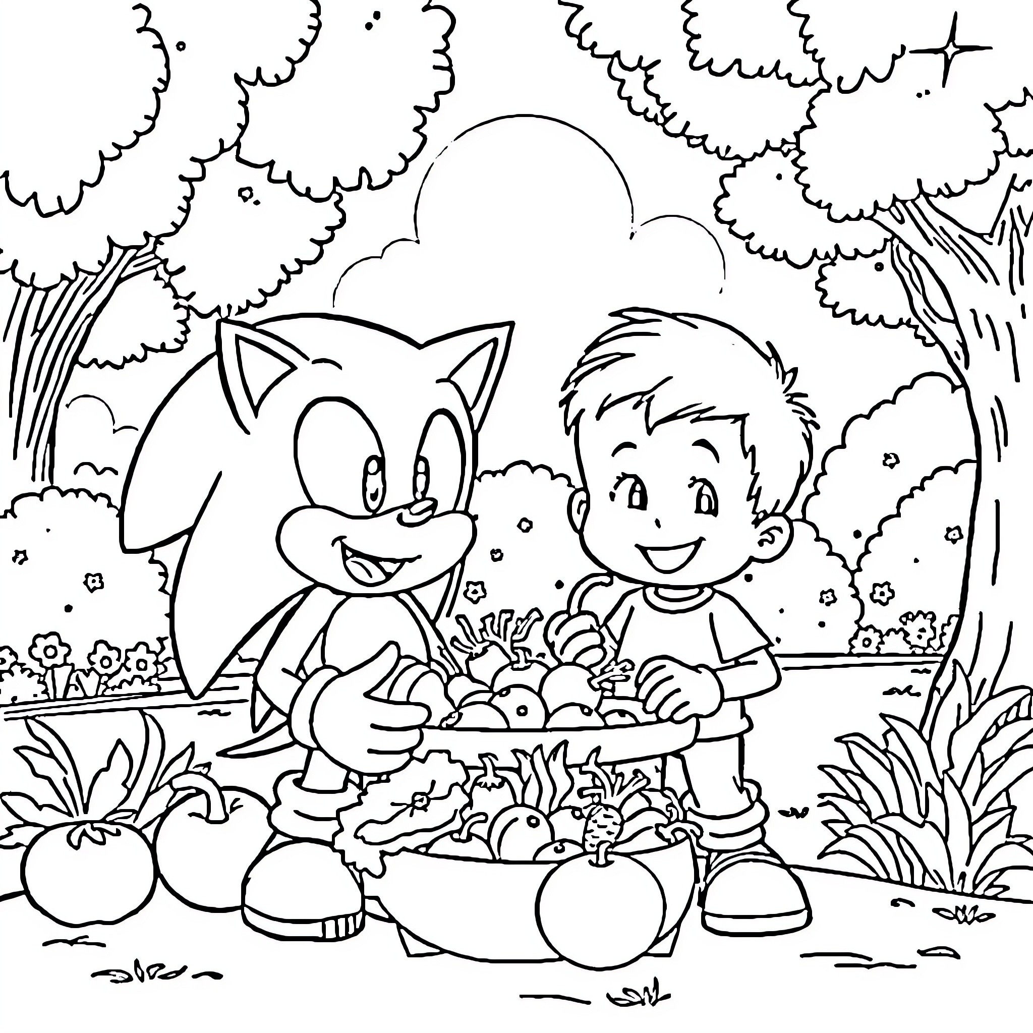 Sonic and a young boy exploring nature together Coloring Page (free black-and-white line drawing printable PDF for all, from beginners to advanced learners, including children, teens, adults, and seniors)
