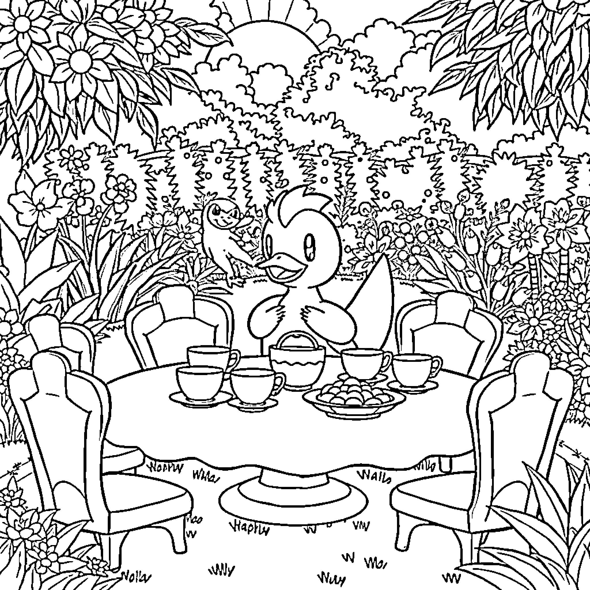 Psyduck's Whimsical Garden Tea Party Coloring Page (free black-and-white line drawing printable PDF for all, from beginners to advanced learners, including children, teens, adults, and seniors)