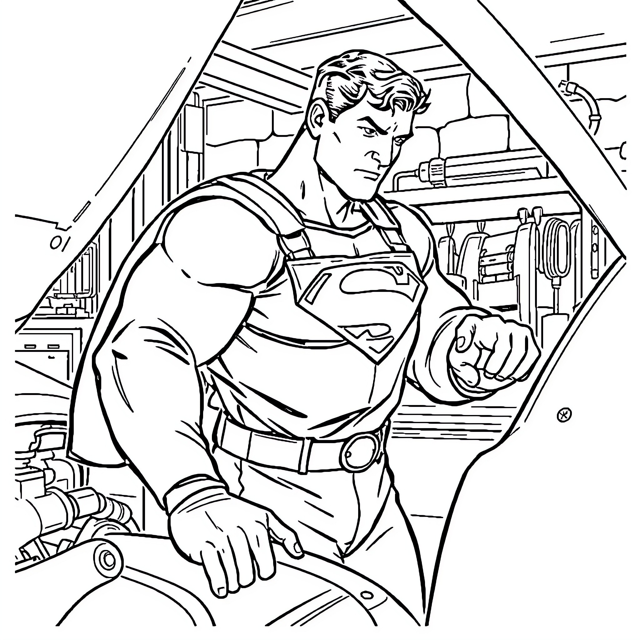 Superman working diligently in the workshop Coloring Page (free black-and-white line drawing printable PDF for all, from beginners to advanced learners, including children, teens, adults, and seniors)