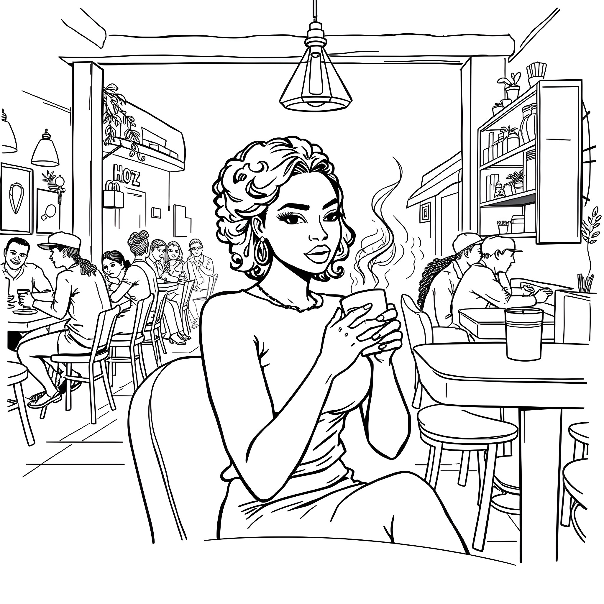Woman enjoying a drink in a cozy cafe Coloring Page (free black-and-white line drawing printable PDF for all, from beginners to advanced learners, including children, teens, adults, and seniors)