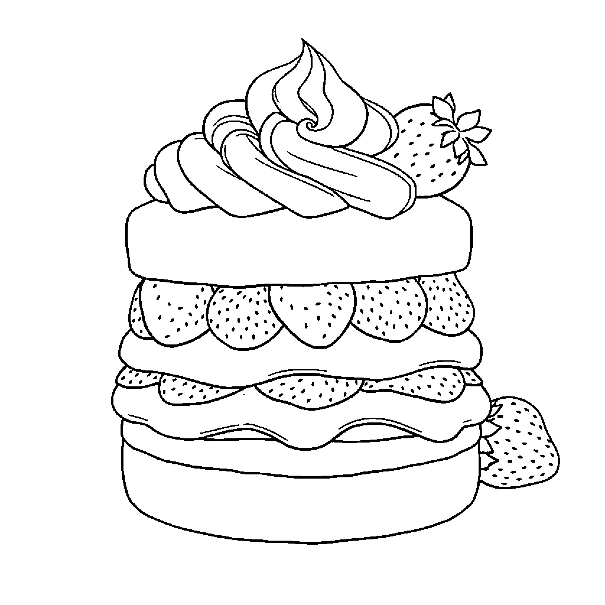 Strawberry Shortcake with Whipped Cream and Strawberries Coloring Page (free black-and-white line drawing printable PDF for all, from beginners to advanced learners, including children, teens, adults, and seniors)