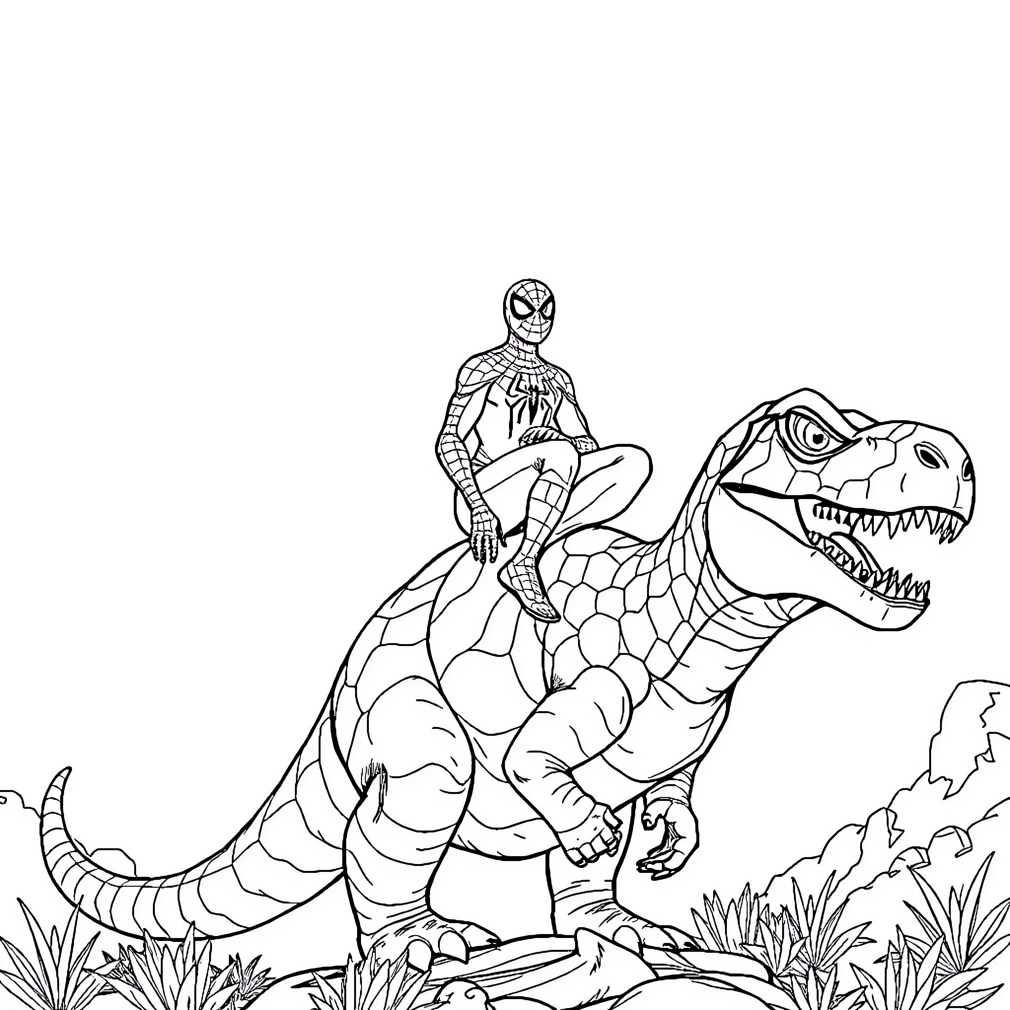 Spider-Man rides a fierce dinosaur Coloring Page (free black-and-white line drawing printable PDF for all, from beginners to advanced learners, including children, teens, adults, and seniors)