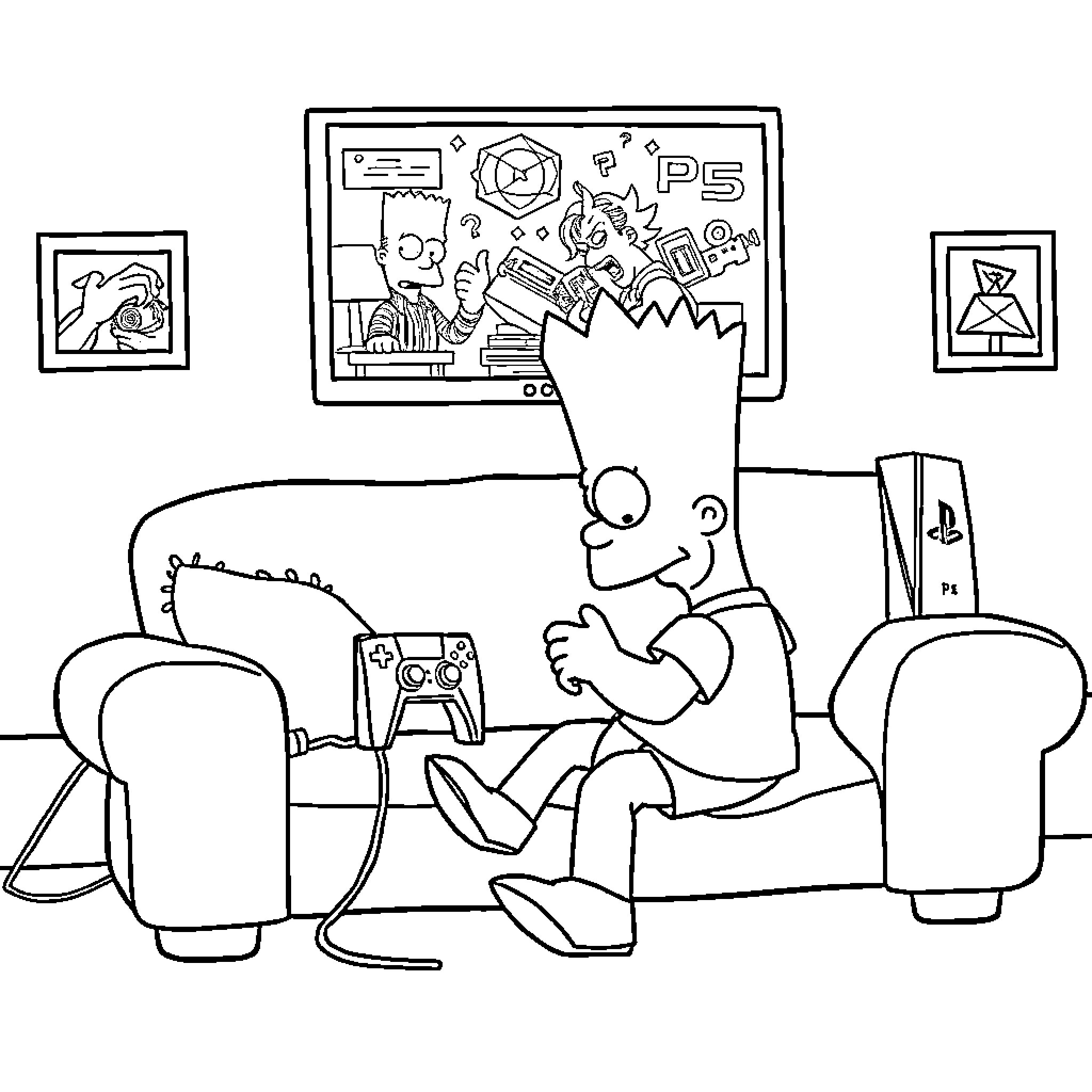 Bart Simpson enjoying video game at home Coloring Page (free black-and-white line drawing printable PDF for all, from beginners to advanced learners, including children, teens, adults, and seniors)