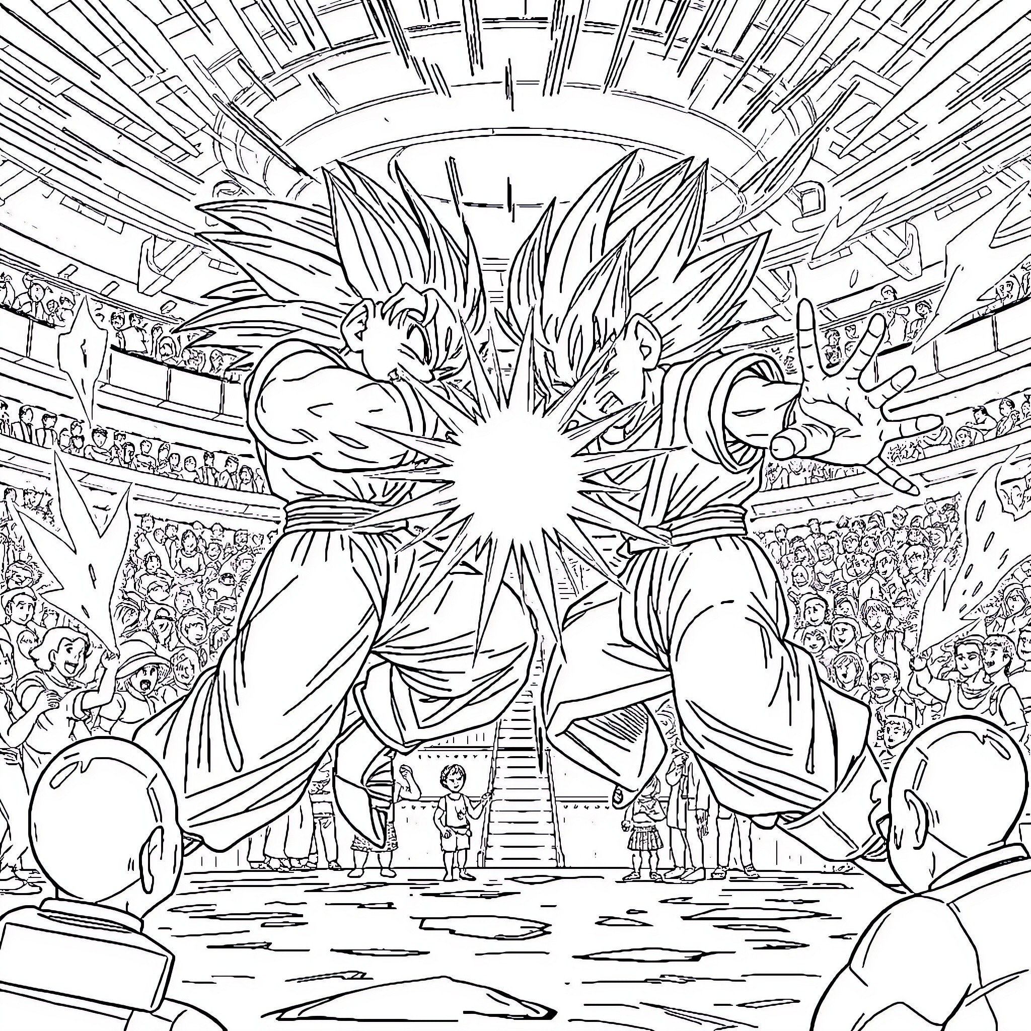 Vegito's Fusion Dance in an Epic Battle Arena Coloring Page (free black-and-white line drawing printable PDF for all, from beginners to advanced learners, including children, teens, adults, and seniors)