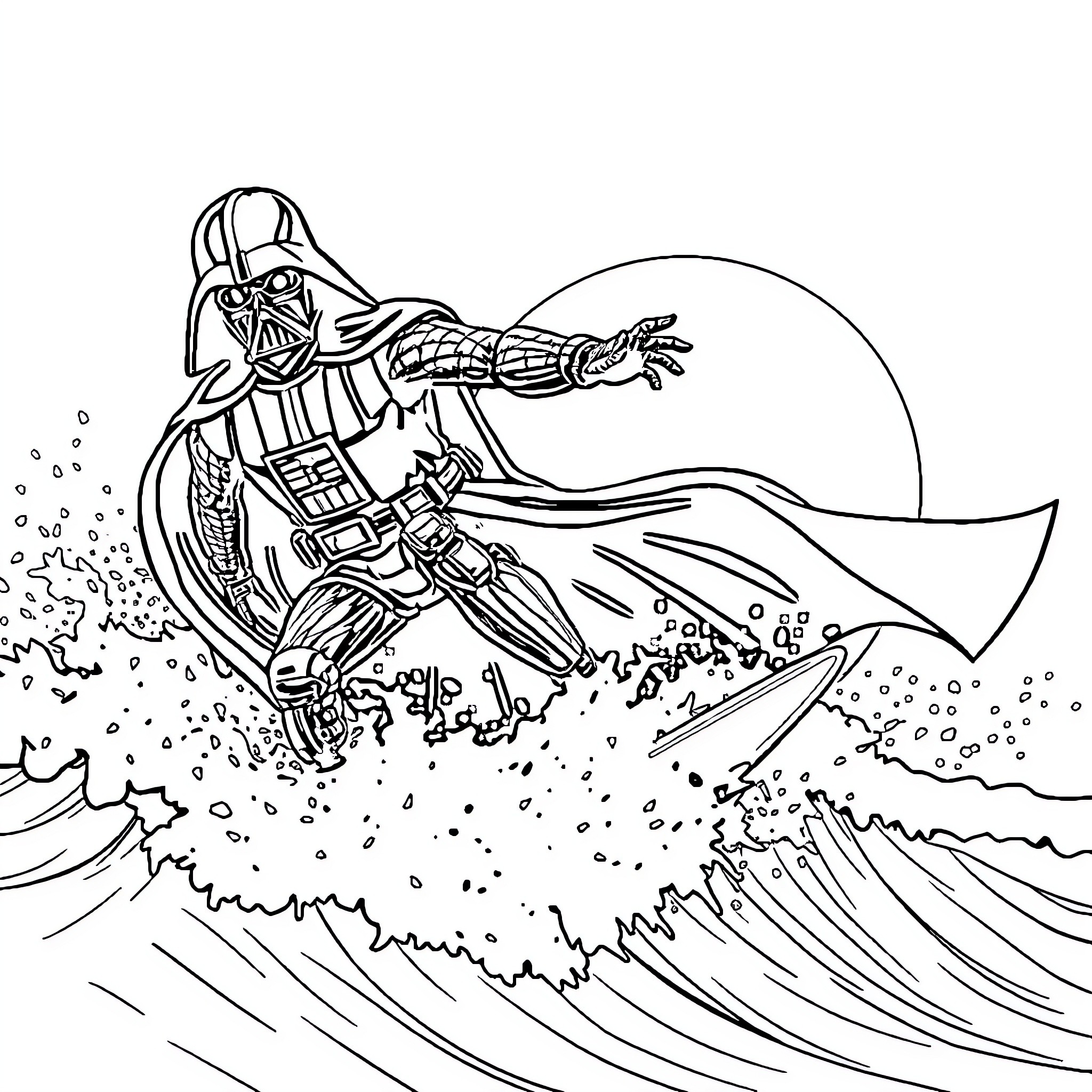 Darth Vader surfing amidst crashing waves Coloring Page (free black-and-white line drawing printable PDF for all, from beginners to advanced learners, including children, teens, adults, and seniors)