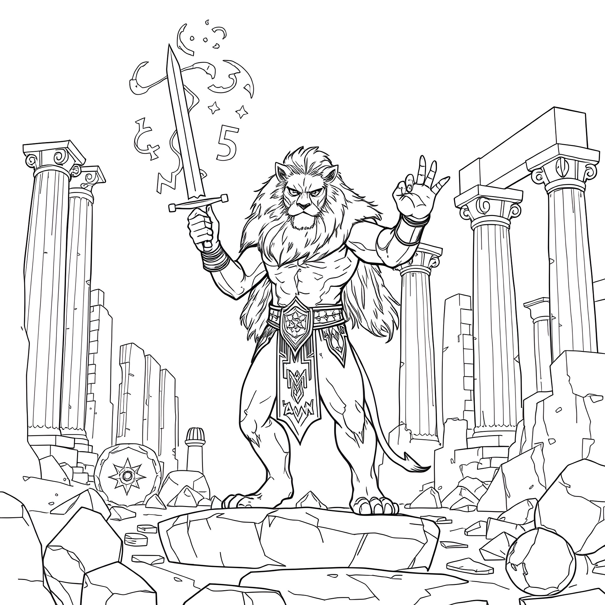 Lion-Man wielding mystical sword in fantasy cityscape Coloring Page (free black-and-white line drawing printable PDF for all, from beginners to advanced learners, including children, teens, adults, and seniors)
