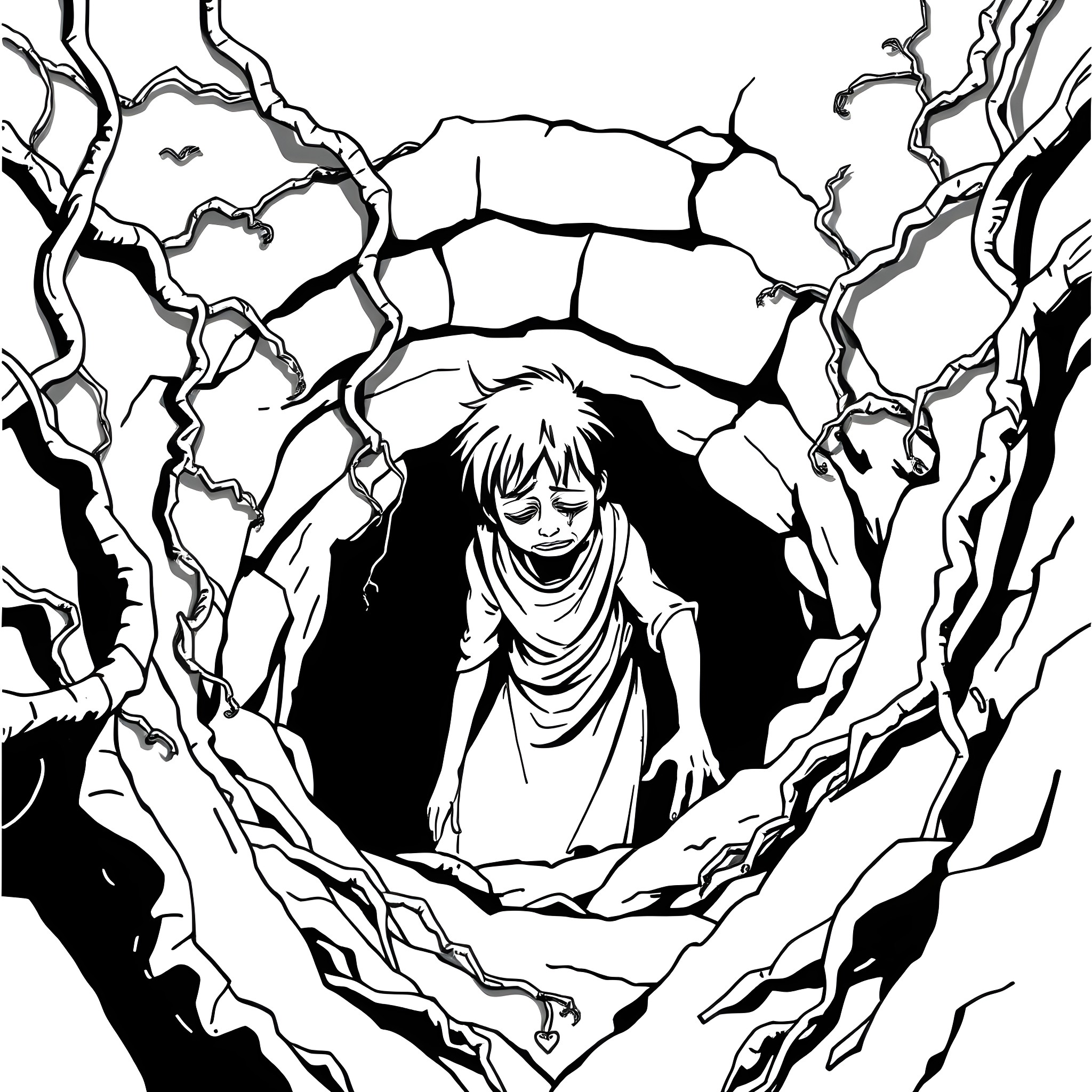 Depression's Abyss: A Haunting Descent Coloring Page (free black-and-white line drawing printable PDF for all, from beginners to advanced learners, including children, teens, adults, and seniors)