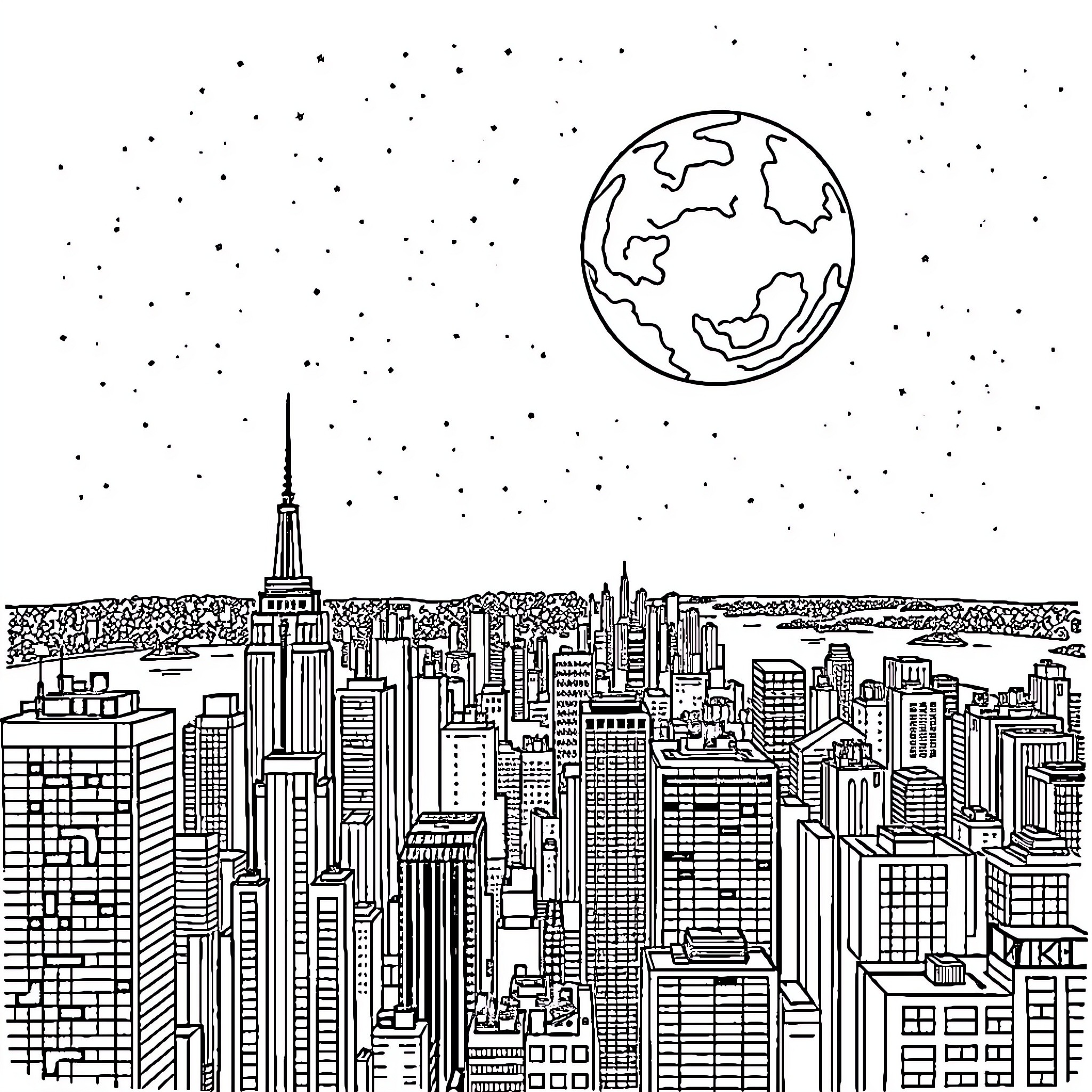 Planet overlooking the city skyline at night Coloring Page (free black-and-white line drawing printable PDF for all, from beginners to advanced learners, including children, teens, adults, and seniors)