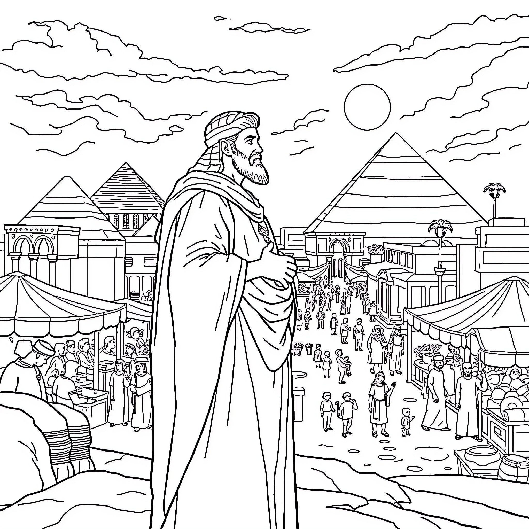 Joseph surveying the bustling marketplace in ancient Egypt Coloring Page (free black-and-white line drawing printable PDF for all, from beginners to advanced learners, including children, teens, adults, and seniors)