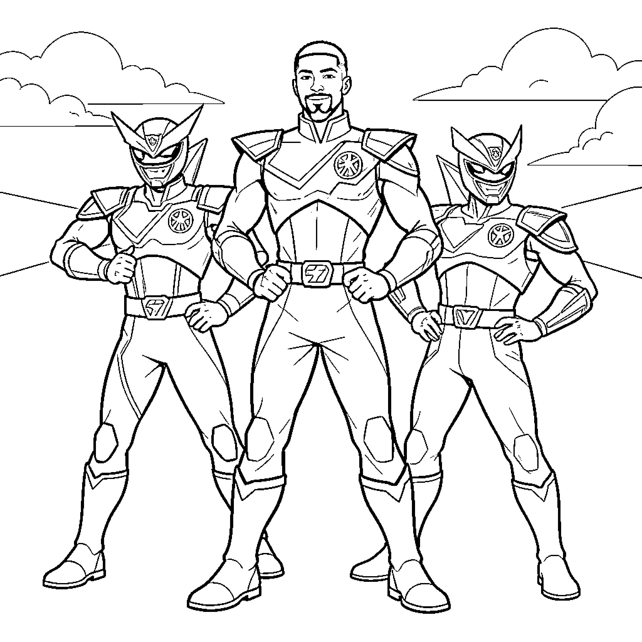 Mbappe posing confidently with two superhero teammates Coloring Page (free black-and-white line drawing printable PDF for all, from beginners to advanced learners, including children, teens, adults, and seniors)