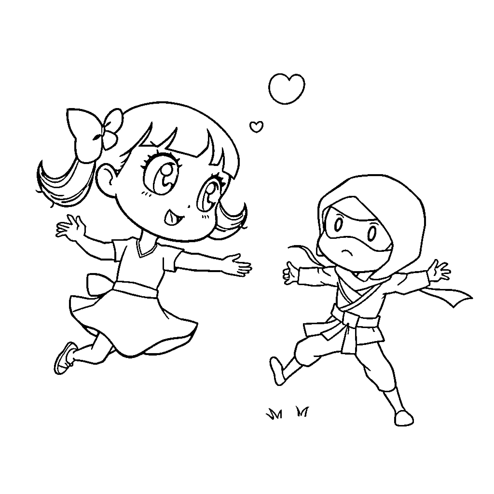 Pucca and friend chasing each other playfully Coloring Page (free black-and-white line drawing printable PDF for all, from beginners to advanced learners, including children, teens, adults, and seniors)