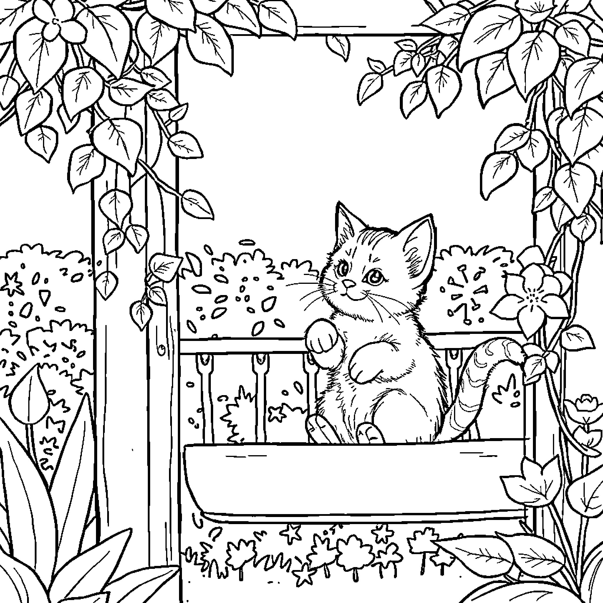 Cat admiring nature in garden Coloring Page (free black-and-white line drawing printable PDF for all, from beginners to advanced learners, including children, teens, adults, and seniors)