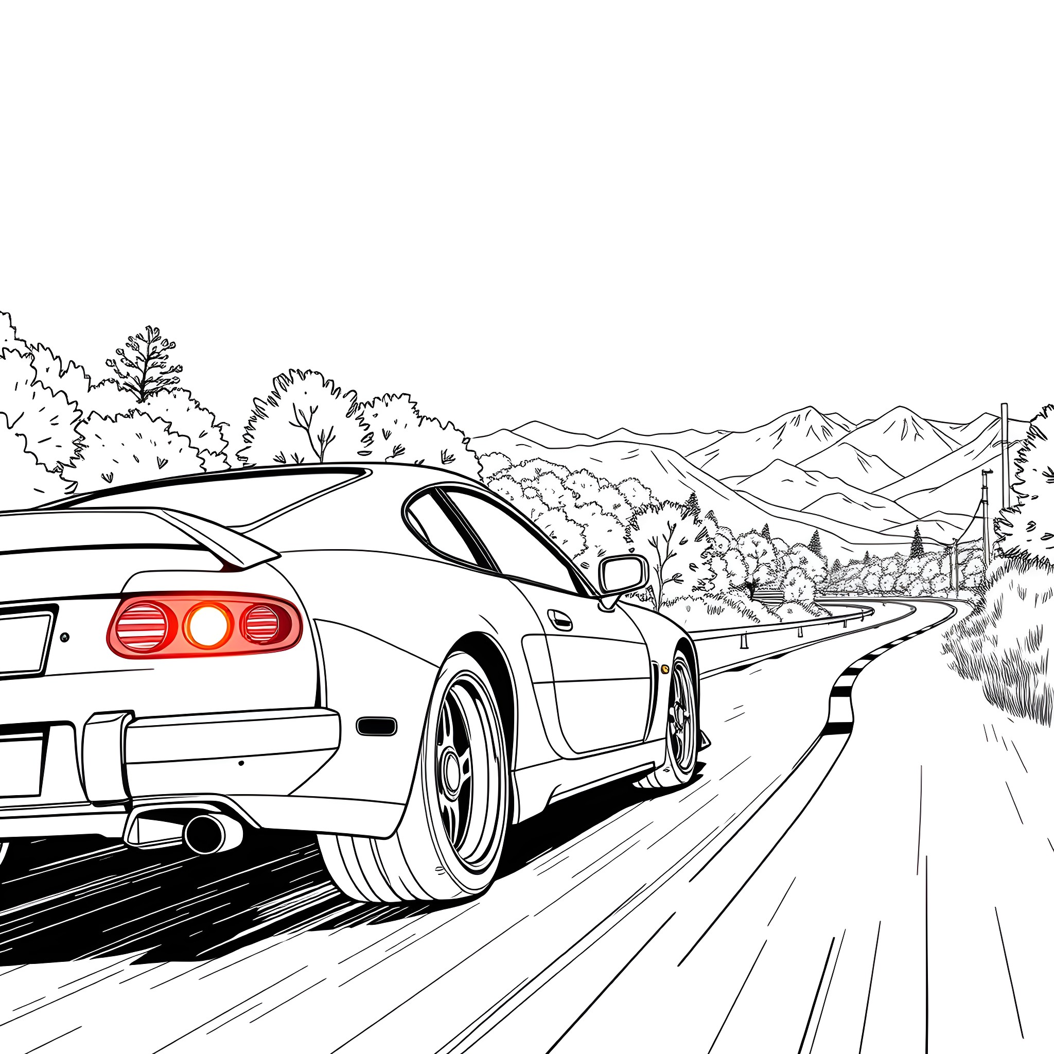 Paul Walker's sports car speeding down a scenic mountain road Coloring Page (free black-and-white line drawing printable PDF for all, from beginners to advanced learners, including children, teens, adults, and seniors)