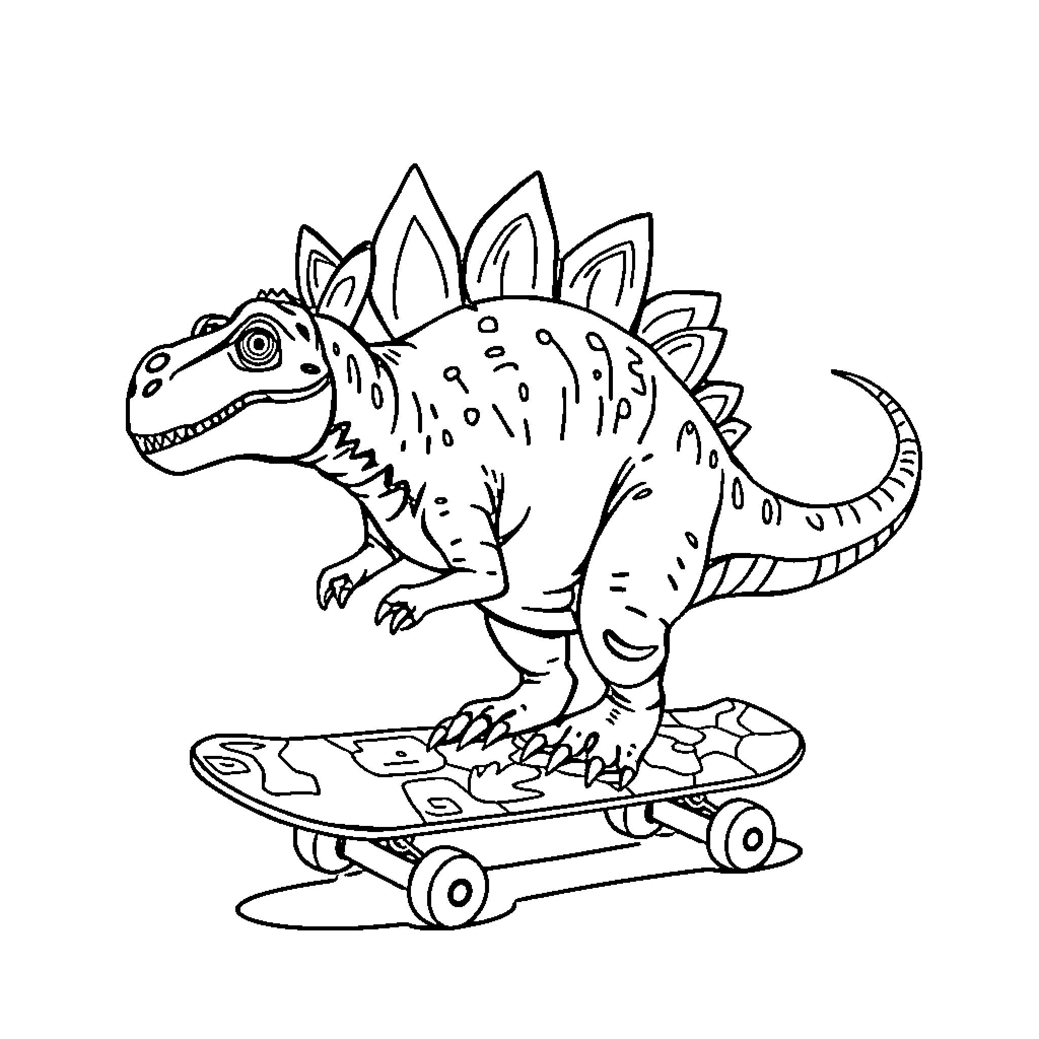 Stegosaurus riding a skateboard Coloring Page (free black-and-white line drawing printable PDF for all, from beginners to advanced learners, including children, teens, adults, and seniors)