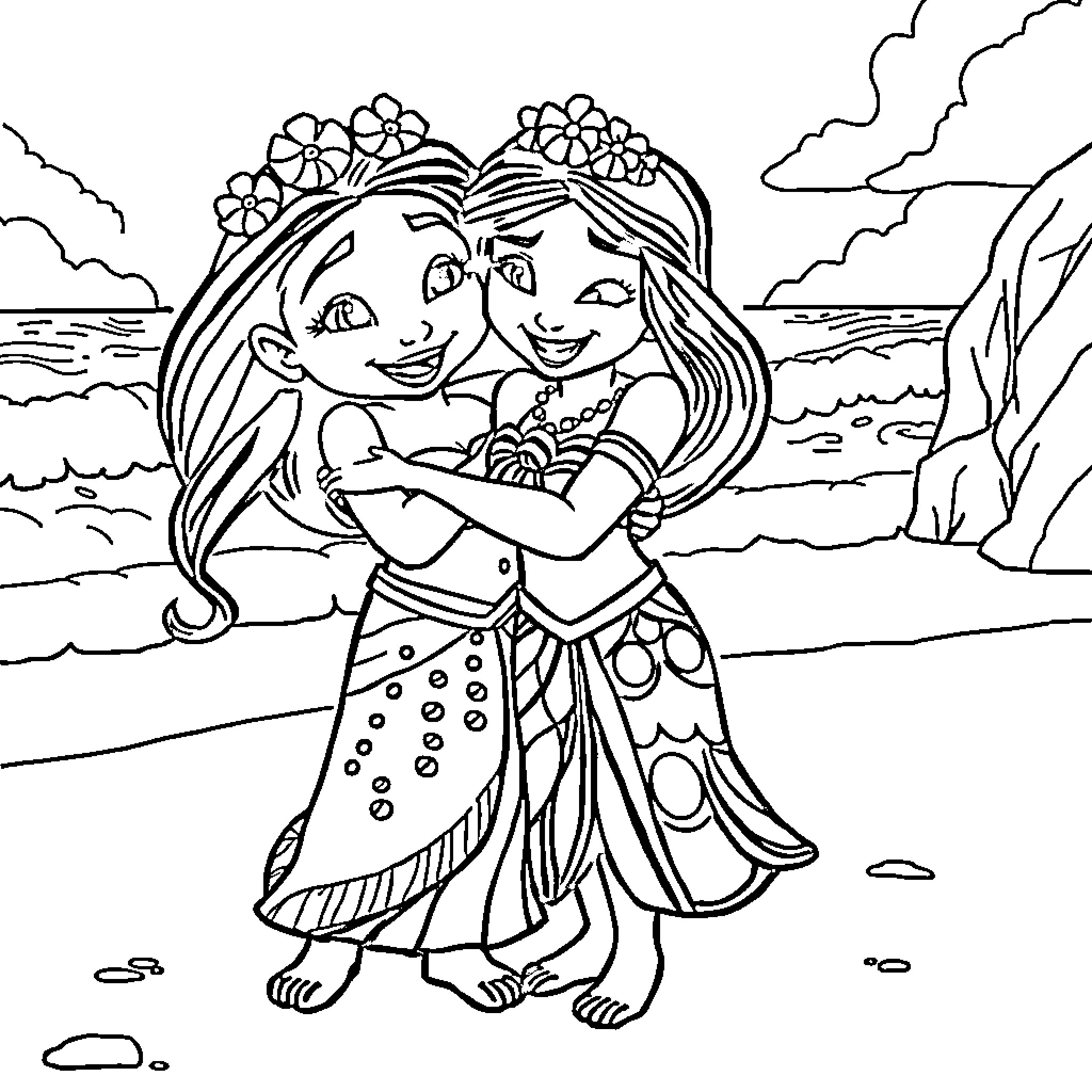 Bluey sisters sharing a loving moment on the beach Coloring Page (free black-and-white line drawing printable PDF for all, from beginners to advanced learners, including children, teens, adults, and seniors)